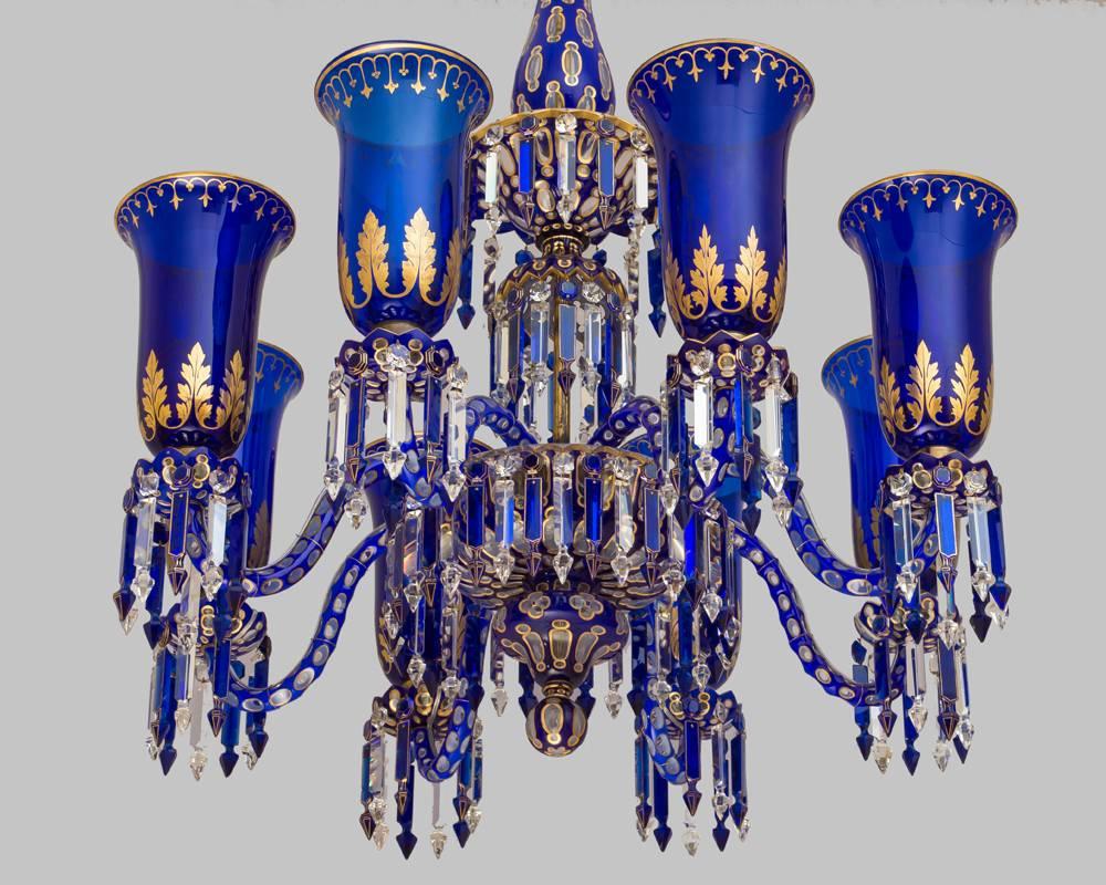British Important Blue Glass Chandelier and Pair of Matching Wall Lights by F&C Osler