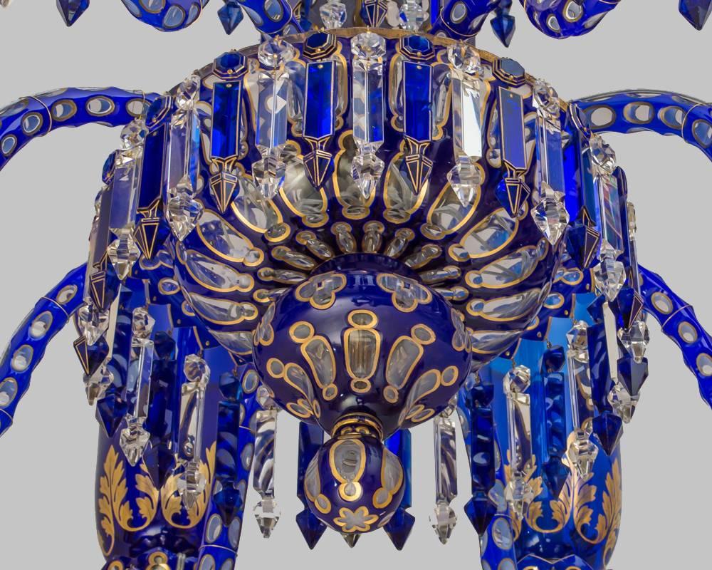 Important Blue Glass Chandelier and Pair of Matching Wall Lights by F&C Osler In Excellent Condition In Steyning, West sussex