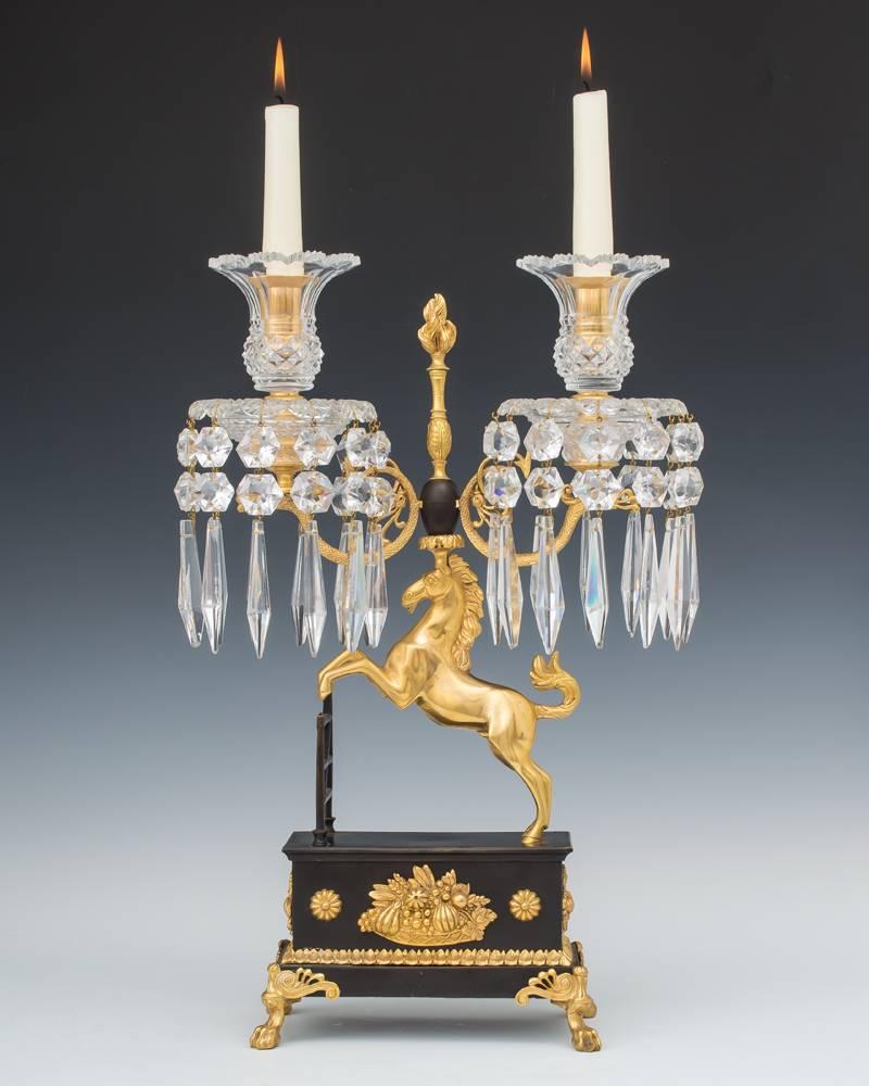 British Unusual Pair of Regency Ormolu and Bronzed Cut-Glass Horse Candelabra For Sale