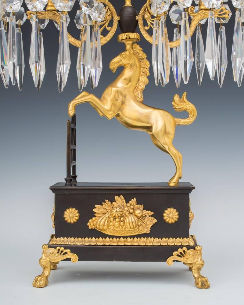 Unusual Pair of Regency Ormolu and Bronzed Cut-Glass Horse Candelabra In Excellent Condition For Sale In Steyning, West sussex