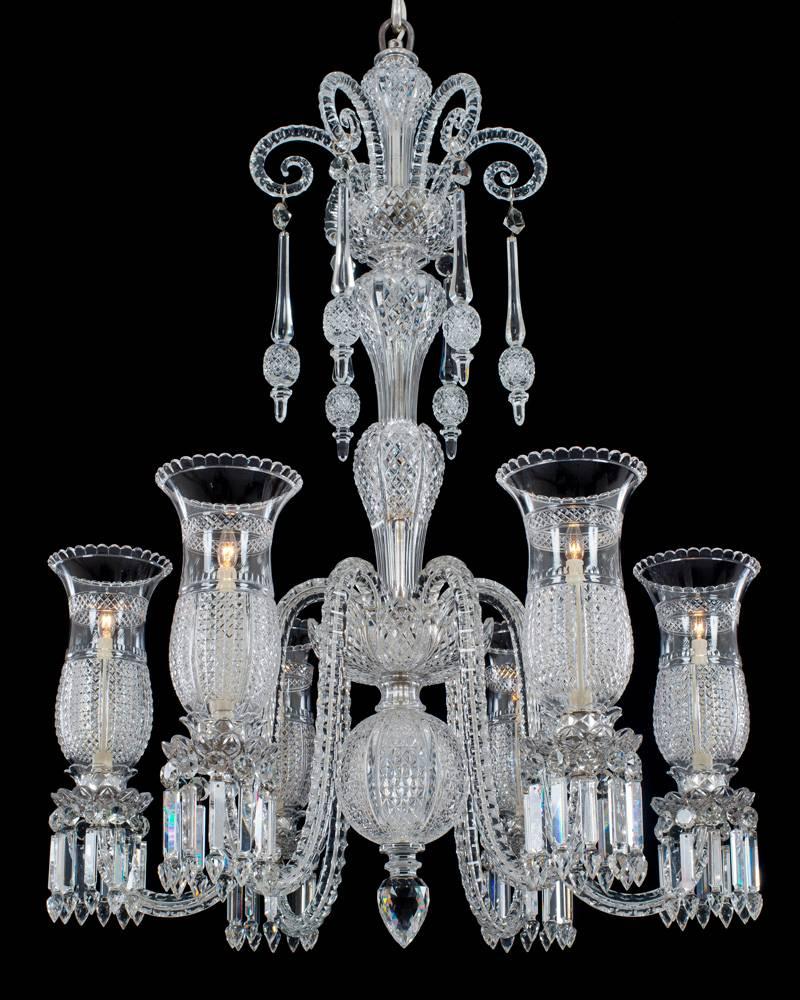 A highly unusual Victorian six-light cut-glass and silvered mounted chandelier the flat diamond cut baluster stem surmounted by six thumb cut Sheppard crooks terminating with baluster shaped top piece. The flat diamond cut scalloped edged receiver