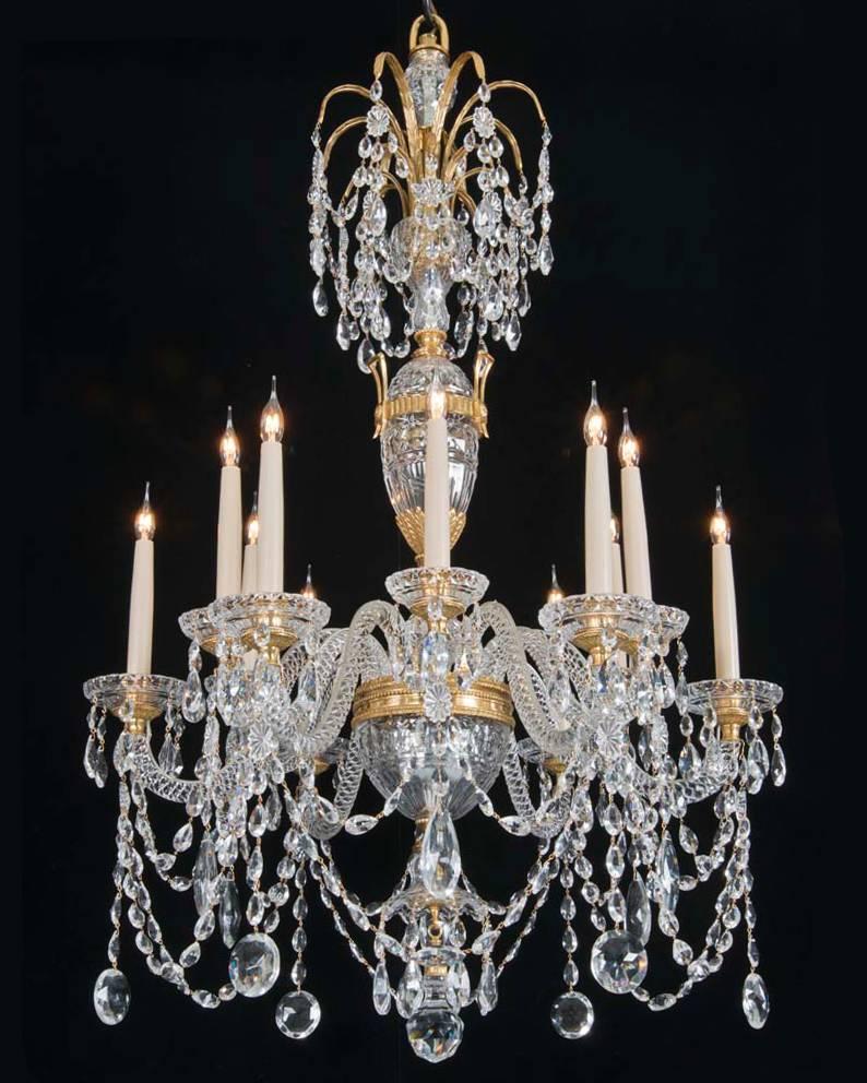A fine quality twelve-light chandelier in the style of Perry & Co the ormolu-mounted and cut crystal shaft centred by an ormolu-mounted urn this surmounted with a double ormolu drop hung palm tree. The ormolu mounted receiver plate supporting twelve