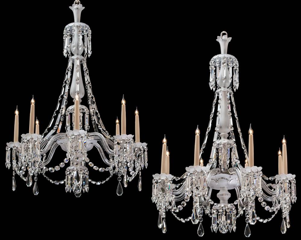 Fine Pair of Victorian Frosted and Cut Glass Eight-Light Chandeliers 1