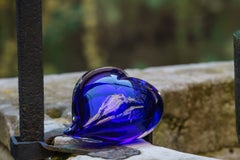 Hand-Blown Heart-Shaped Glass Blue Sculpture by Giberto Venezia