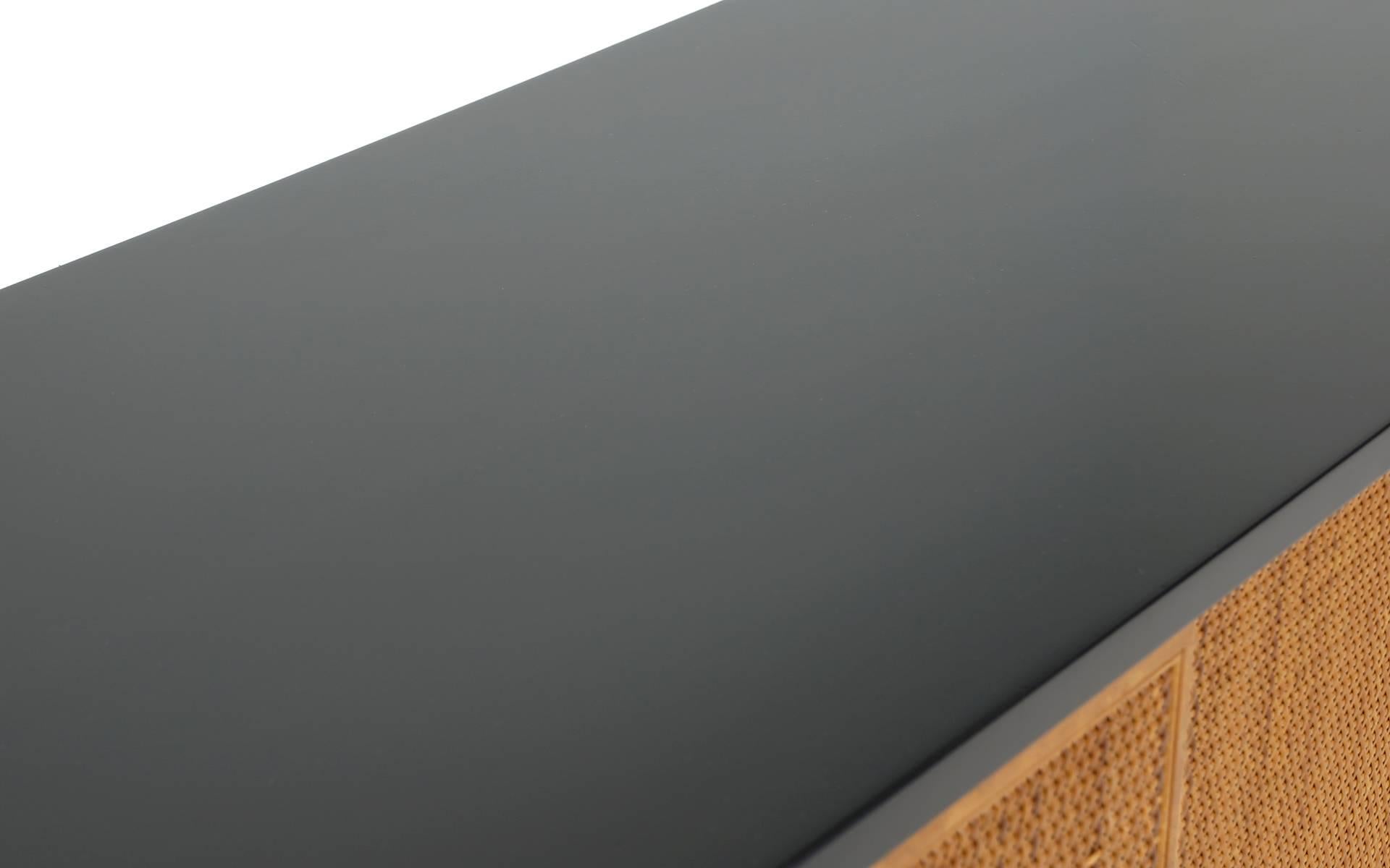 Mid-20th Century Early Florence Knoll Credenza, Black Lacquered Case with Cane Front Doors