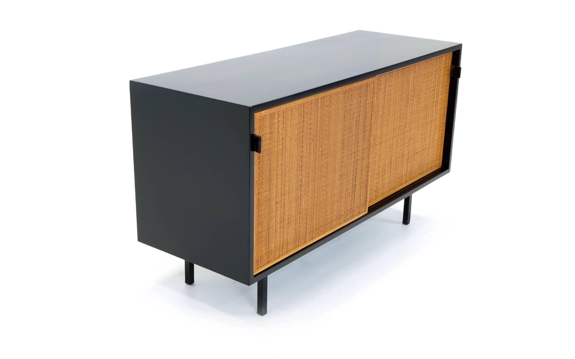 American Early Florence Knoll Credenza, Black Lacquered Case with Cane Front Doors