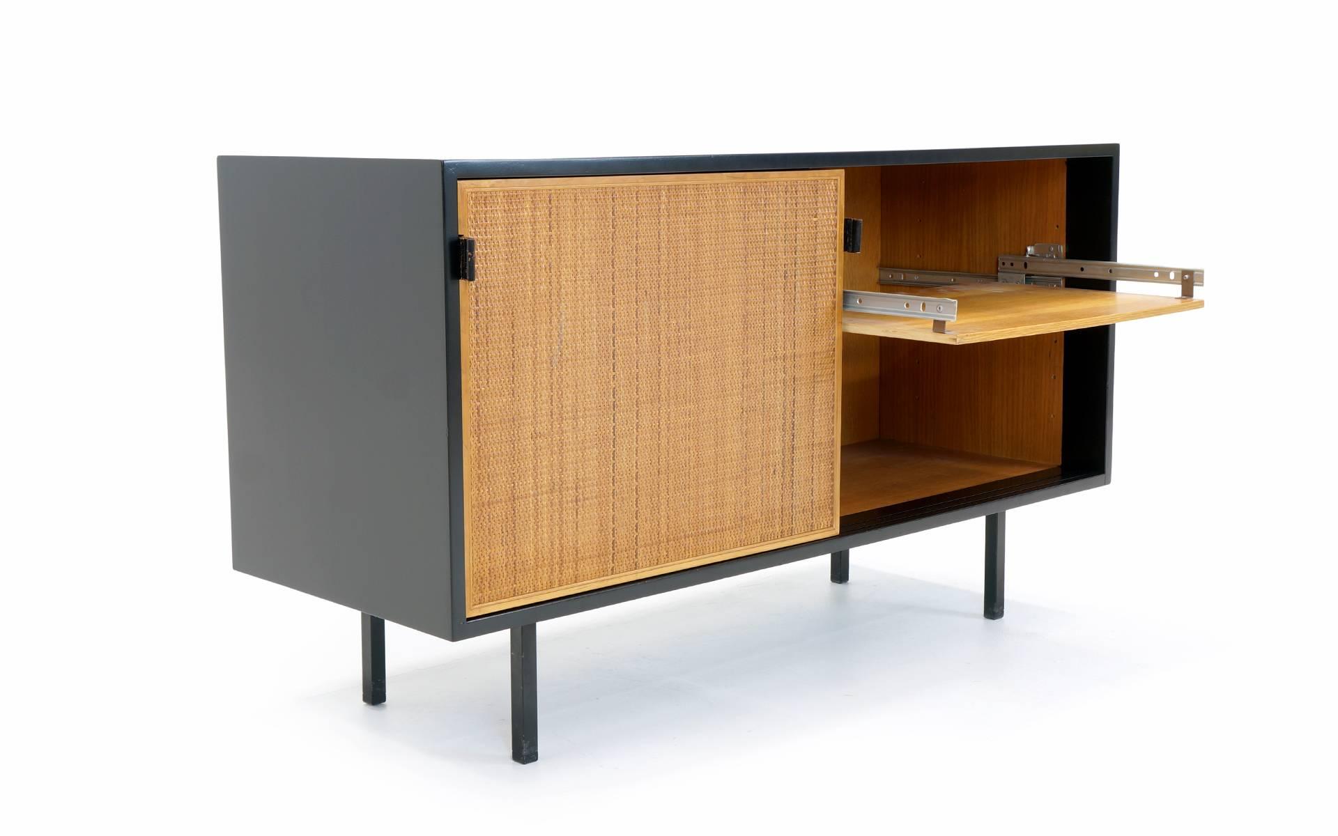 Early Florence Knoll Credenza, Black Lacquered Case with Cane Front Doors In Excellent Condition In Kansas City, MO