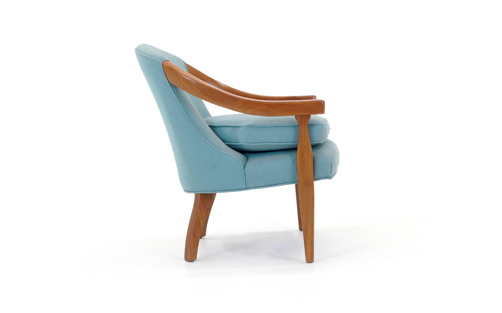 Mid-Century Modern Elegant Club Lounge Chair or Side Chair by Baker, Walnut and Blue Fabric