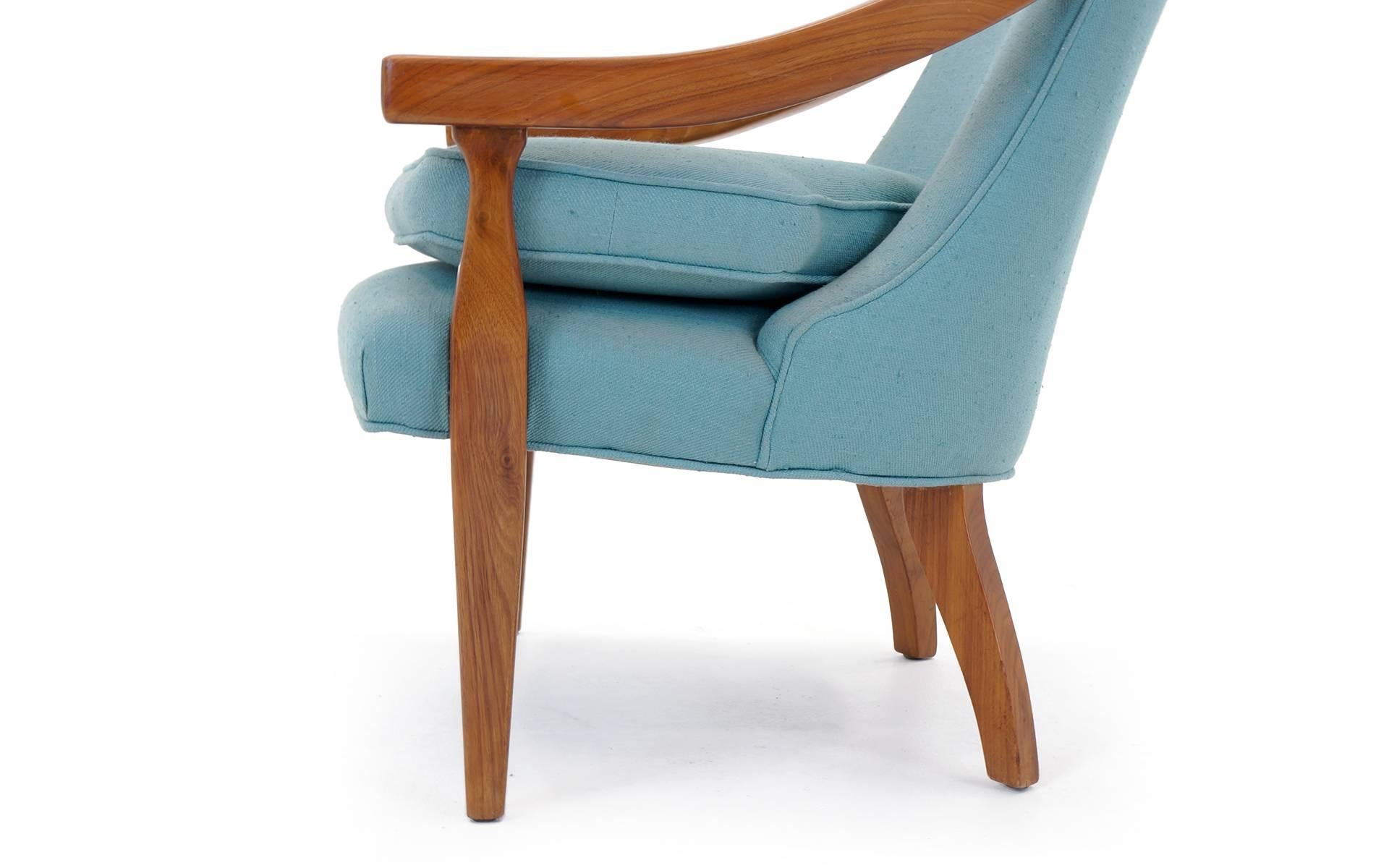 Elegant Club Lounge Chair or Side Chair by Baker, Walnut and Blue Fabric 2