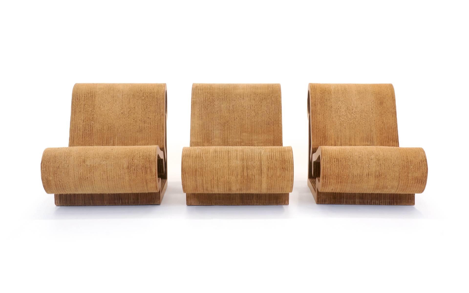 Buy one, two or all three of these iconic chairs designed by Frank Gehry for Easy Edges. Made of industrial corrugated cardboard and Masonite. 