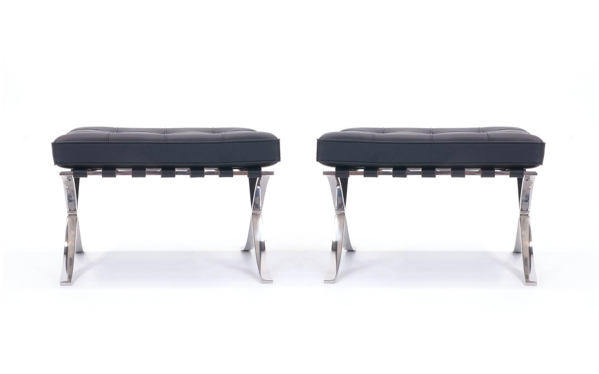 Mid-Century Modern Pair of Authentic Stainless Steel Barcelona Stools / Ottomans for Knoll. As new