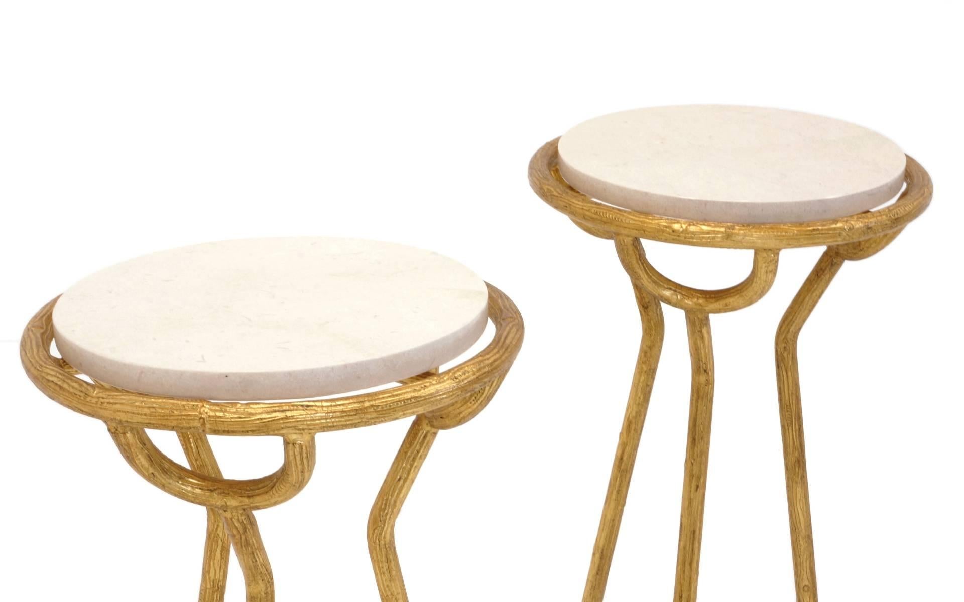 Hollywood Regency Elegant Italian Gold Gilded Side Tables with Travertine Tops