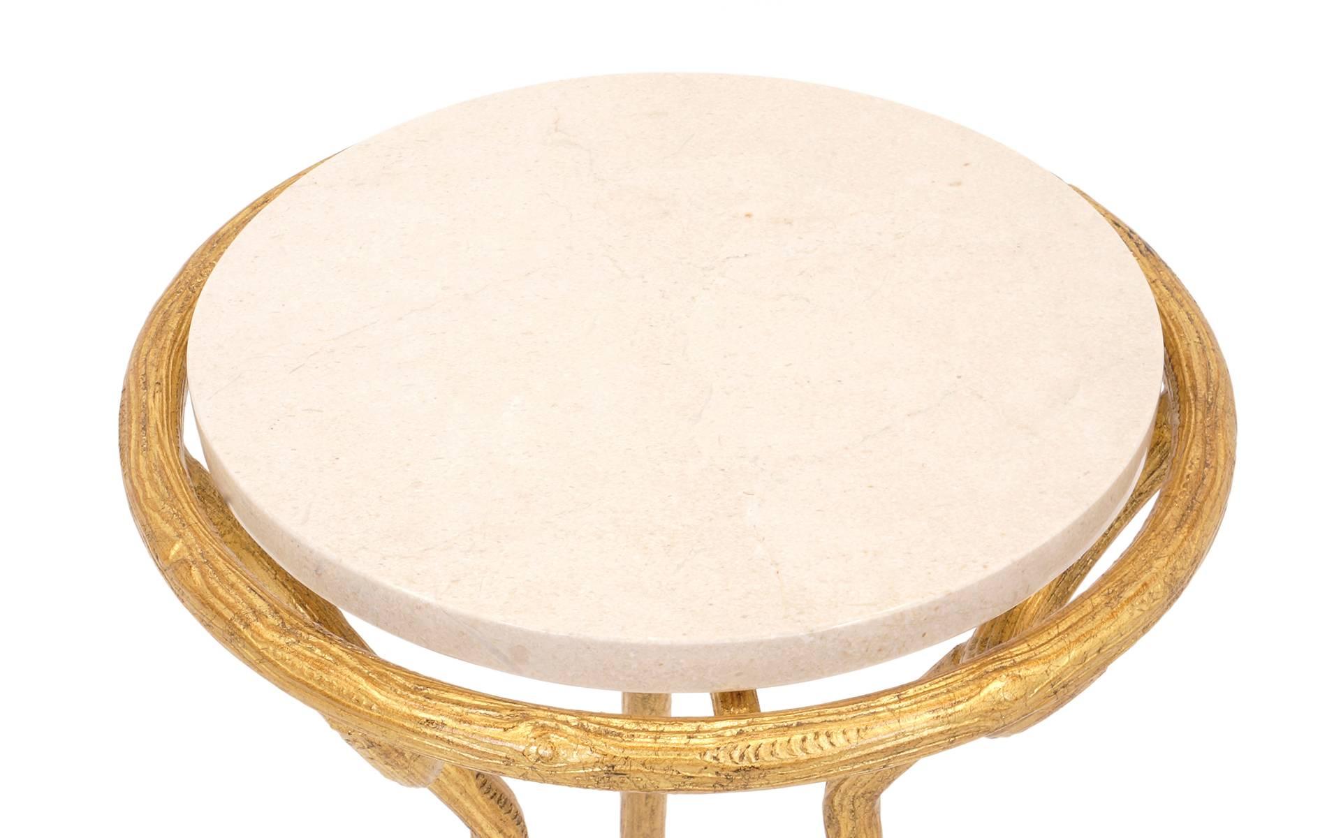 Gilt Elegant Italian Gold Gilded Side Tables with Travertine Tops