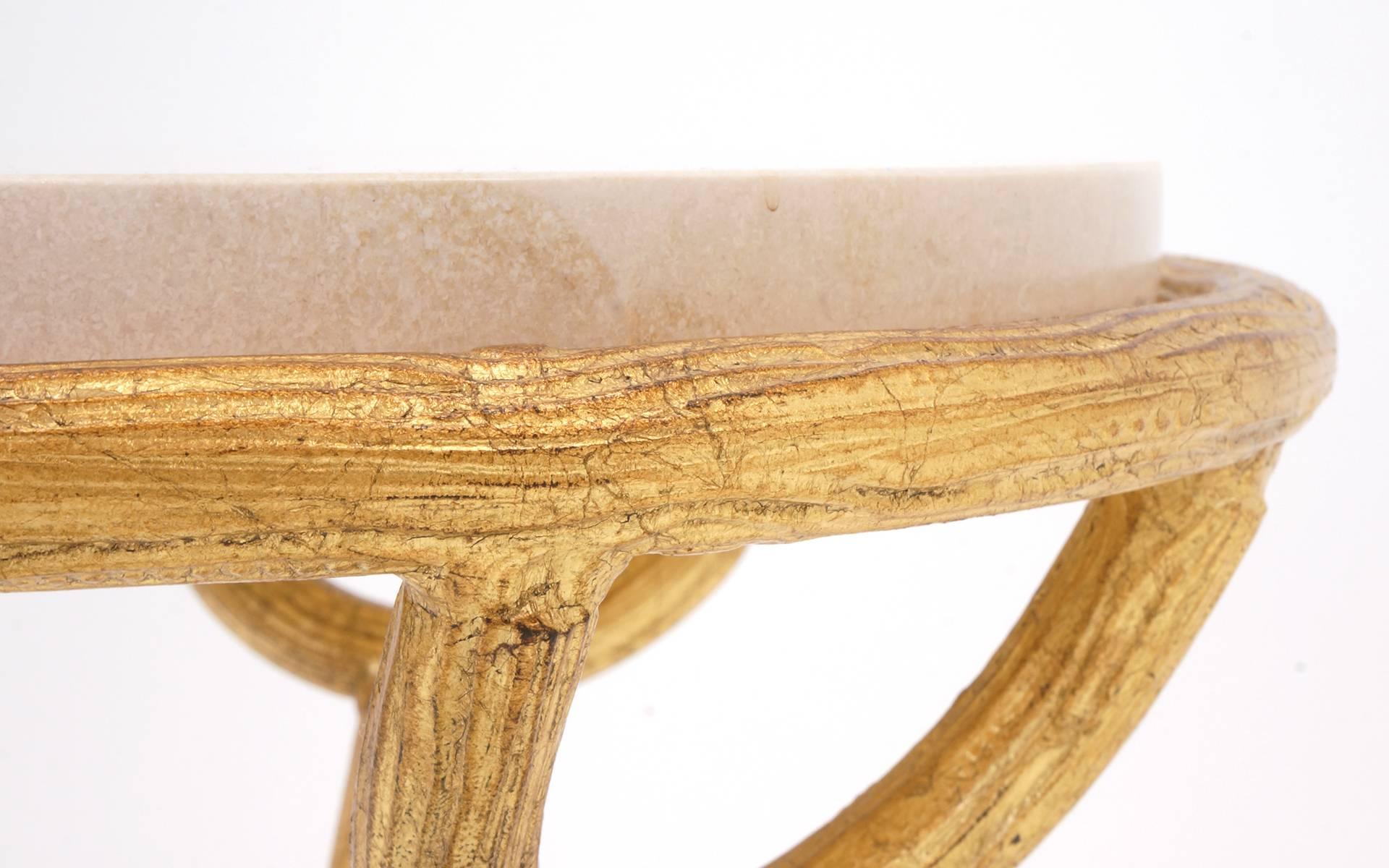 Elegant Italian Gold Gilded Side Tables with Travertine Tops In Excellent Condition In Kansas City, MO