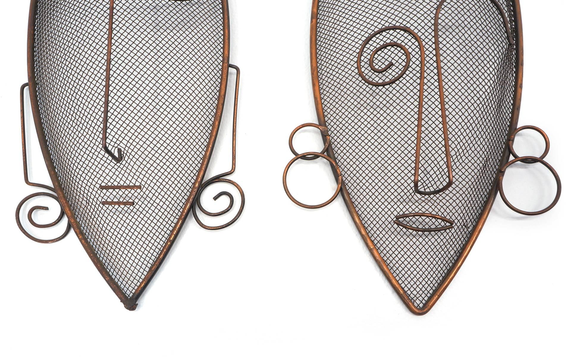 Rare Frederic (Frederick) Weinberg Male, Female Wire Mesh Wall Mounted Masks In Good Condition In Kansas City, MO