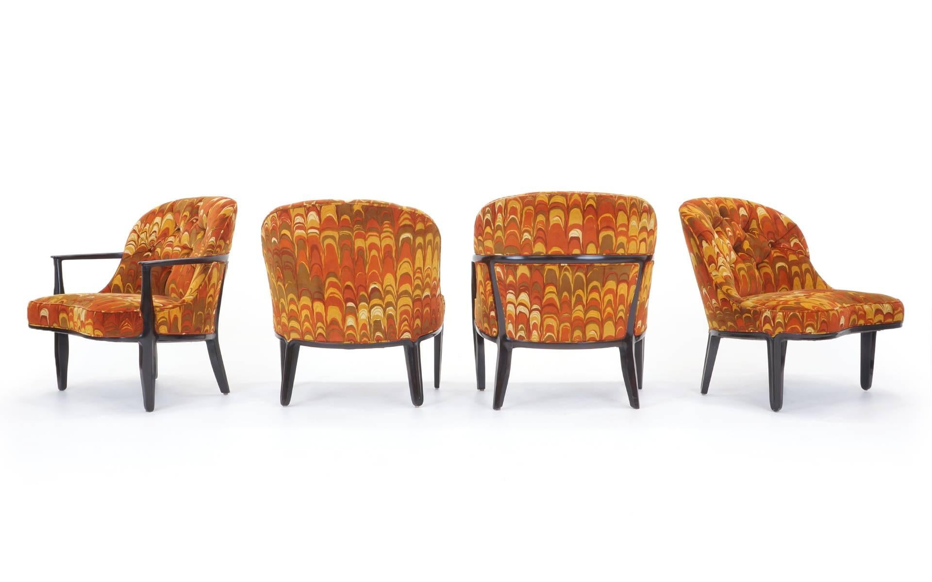 Rare set of four Janus chairs, two armchairs and two armless chairs, in the original and amazing Jack Lenor Larsen orange patterned fabric. Condition overall is excellent. The foam in the armless chairs is stiffer than the armchairs, but not