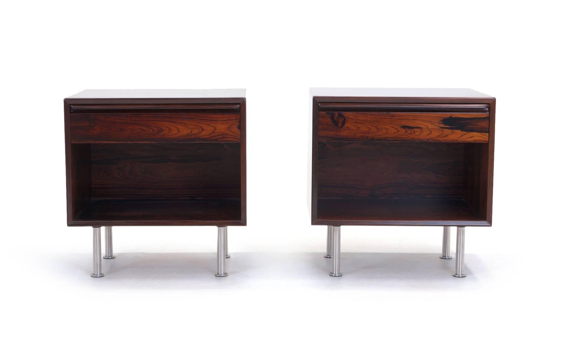 Beautiful pair of Brazilian rosewood bedside tables manufactured by Westnova, Norway, 1960s. Each has a single drawer and open storage below. New brushed aluminum legs. Excellent condition.