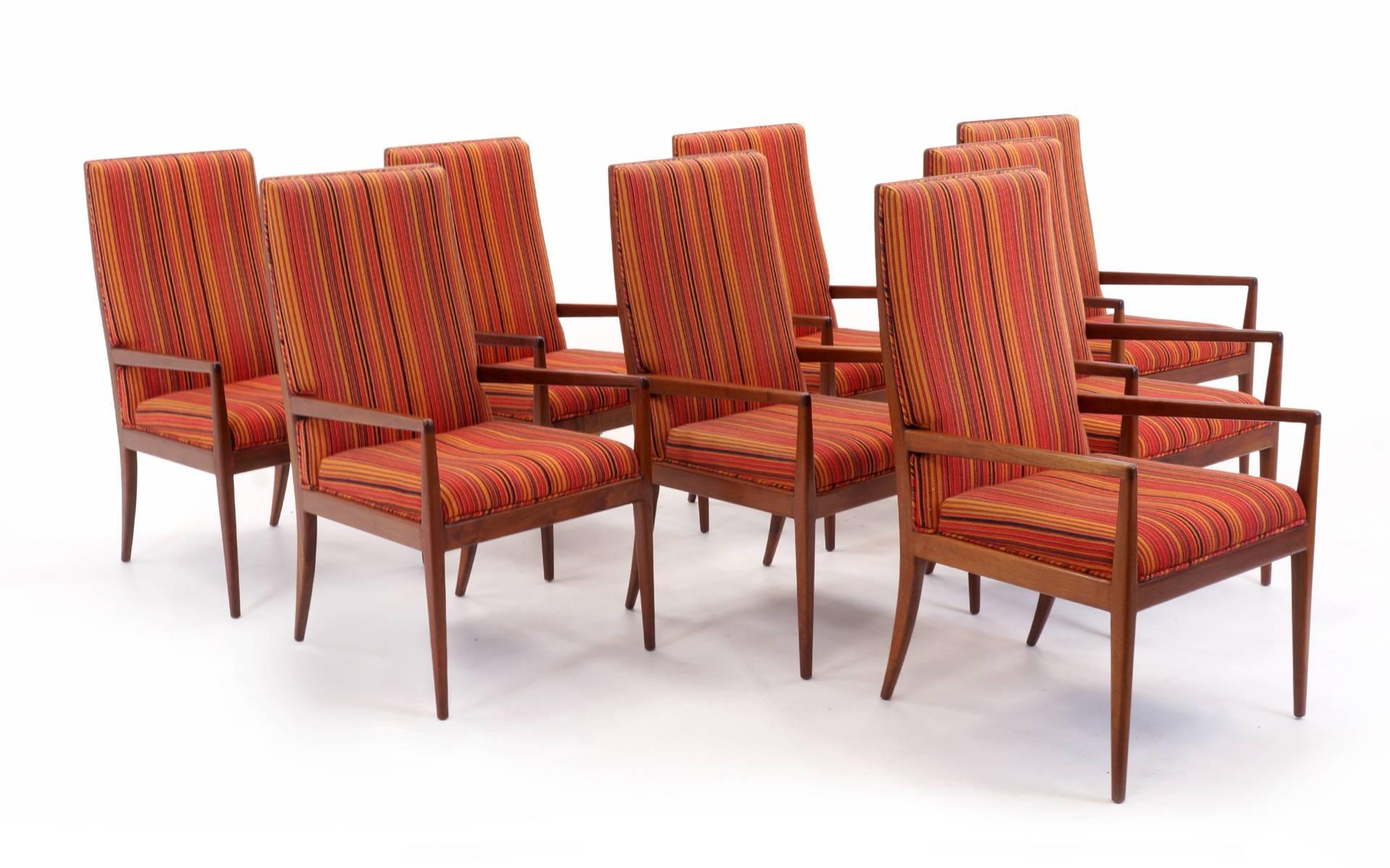 Set of eight (8) high back dining chairs with arms designed by Jules Heumann for Metropolitan, San Francisco, CA. Completely original in very good condition. Arm height is 24