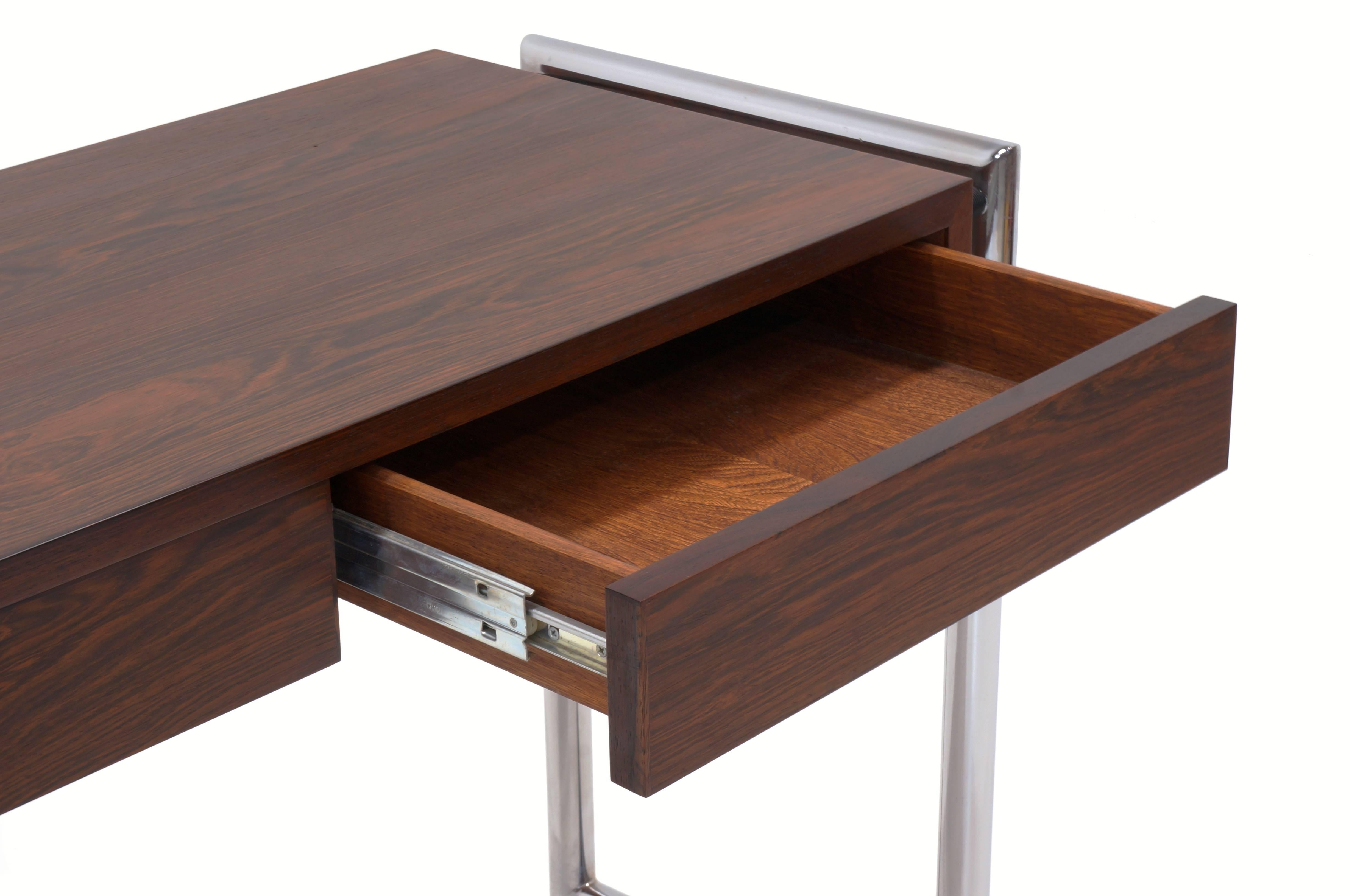American Rare, Sleek, Milo Baughman Rosewood and Chrome Desk / Writing Table with Drawers