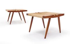 Stunning Matched Pair of George Nakashima Walnut and Grass Rope Stools, 1964.