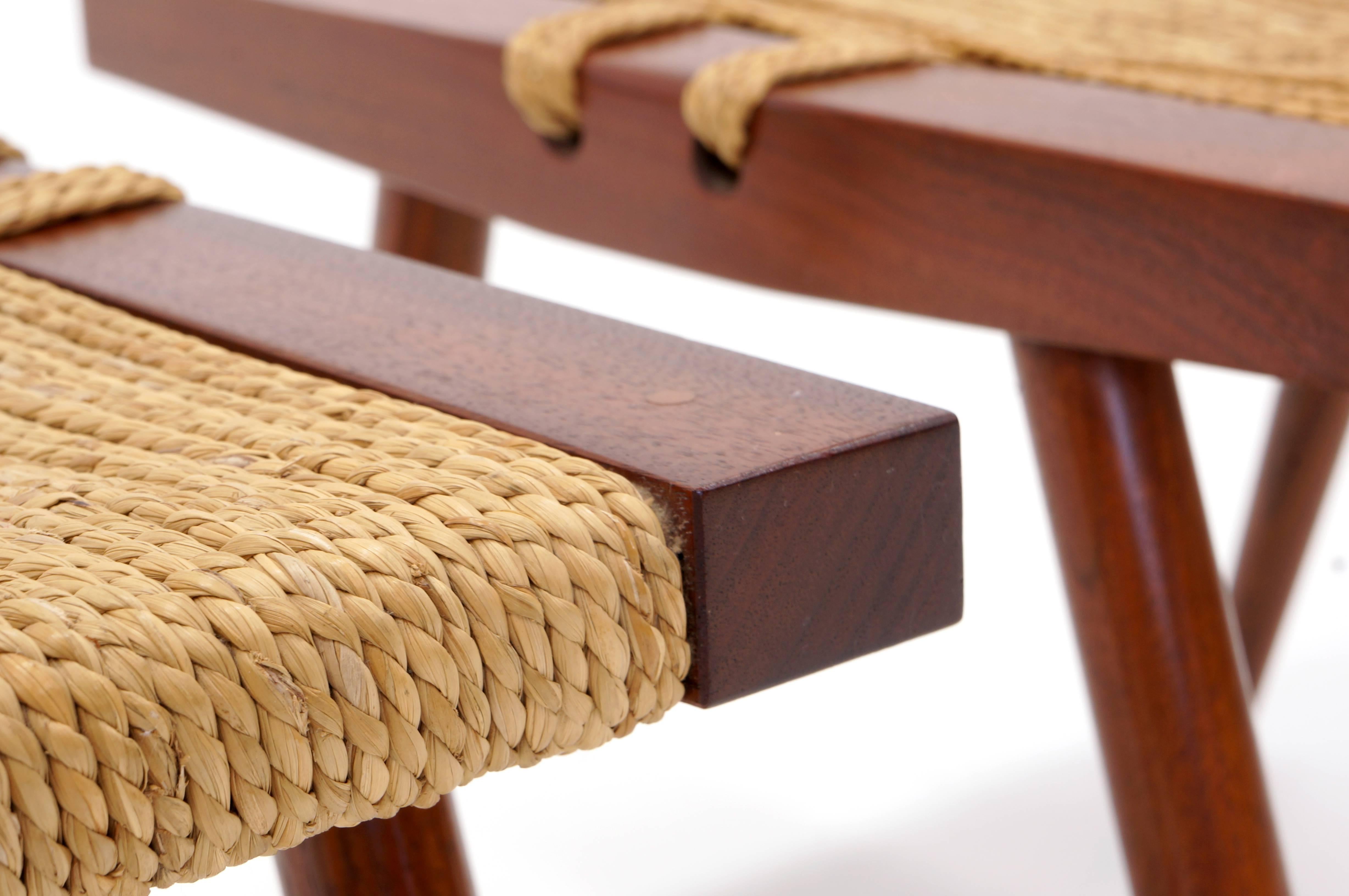 Mid-20th Century Stunning Matched Pair of George Nakashima Walnut and Grass Rope Stools, 1964.
