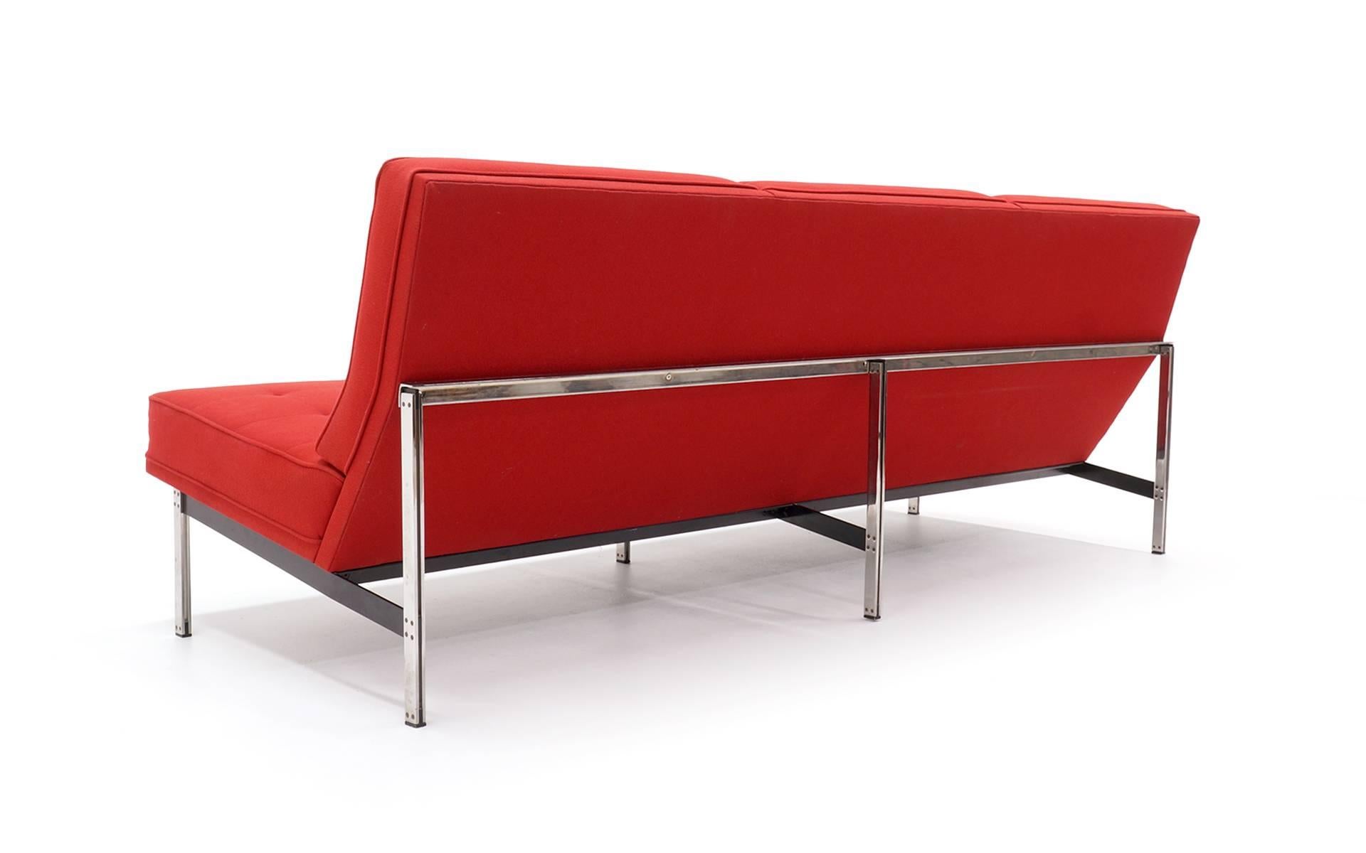 Mid-Century Modern Florence Knoll Parallel Bar Three-Seat Armless Sofa Red Wool Fabric