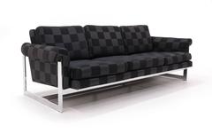 Milo Baughman for Thayer Coggin Chrome Frame Sofa, New Black/Gray Check Fabric