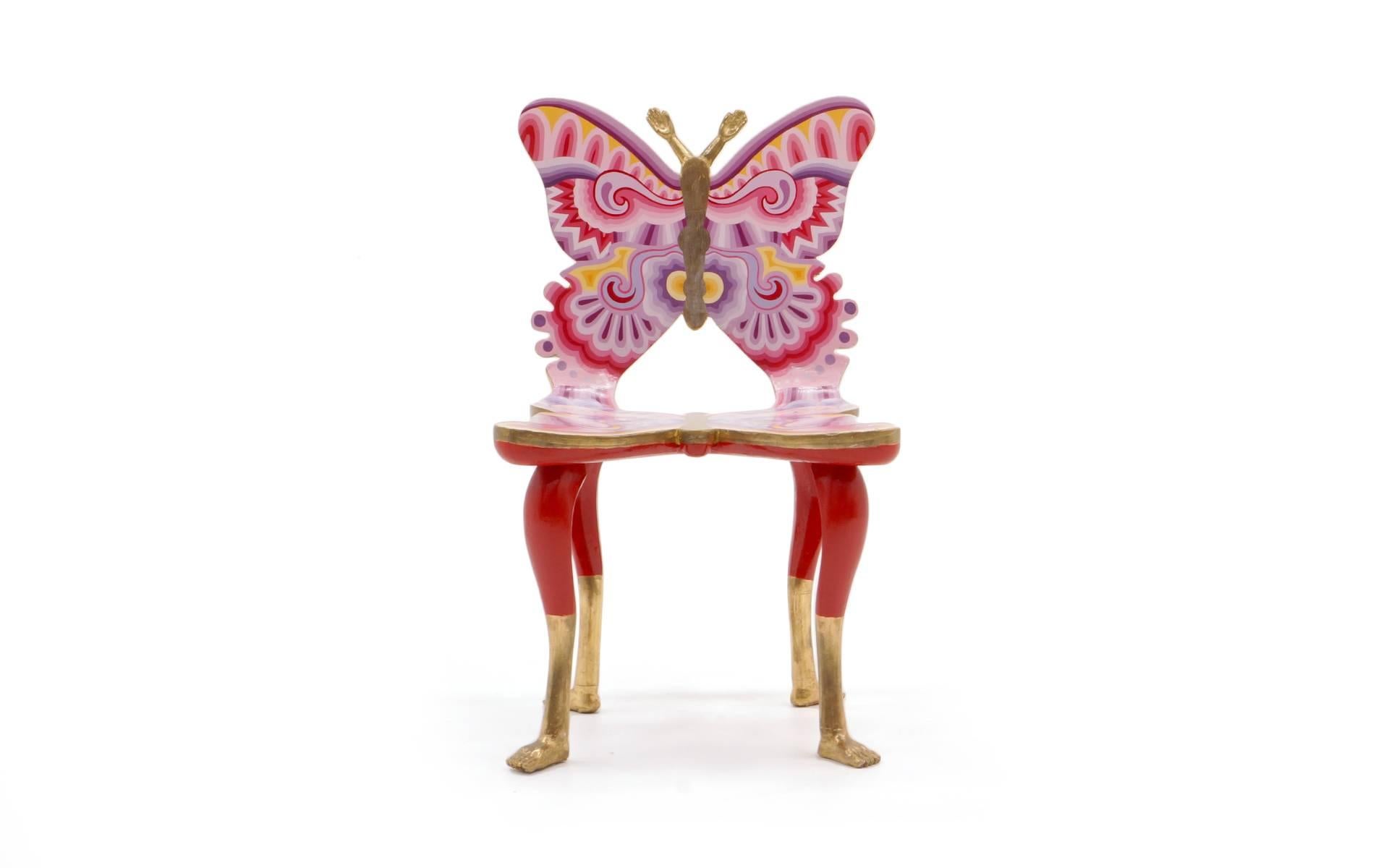 Authentic, signed hand-painted and gold leafed Pedro Friedeberg butterfly chair in excellent condition.