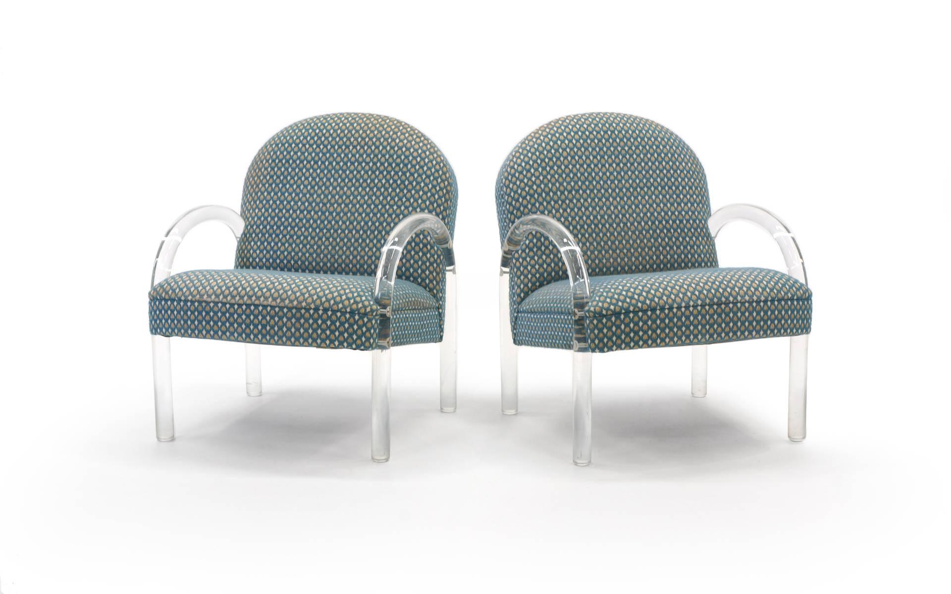 Pair of Pace Collection armchairs with Lucite / acrylic frames and original upholstery in good condition.