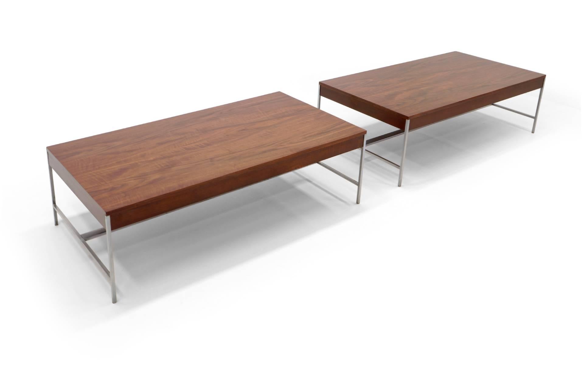 George Nelson for Herman Miller coffee tables. These were originally purchases in the 1950s as a matched pair. Price is for each. Buy one or two. Beautifully figured walnut with brushed steel frames. The first three images are of both tables. Images