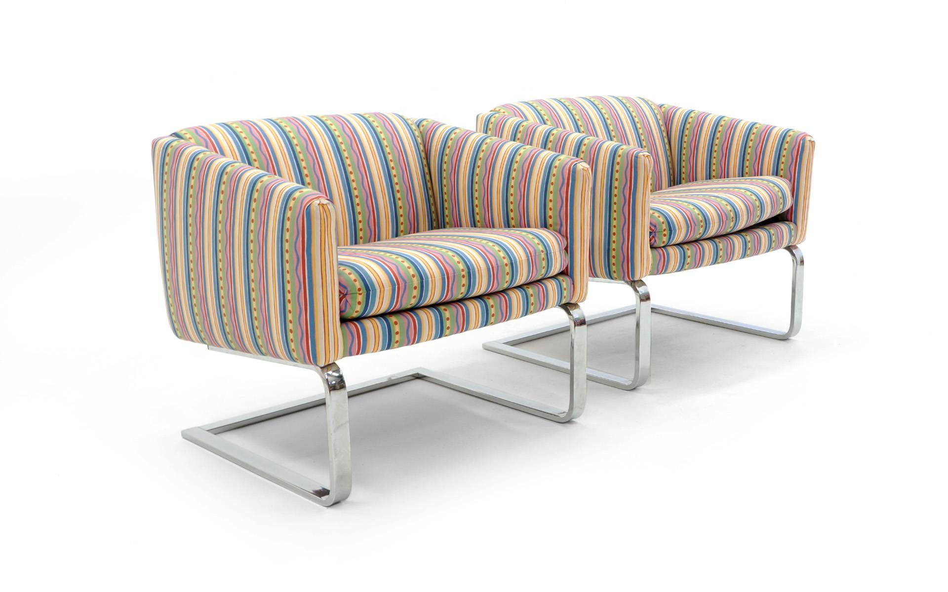 Pair of Milo Baughman Style lounge chairs in excellent condition, by Selig. Newly restored and reupholstered.