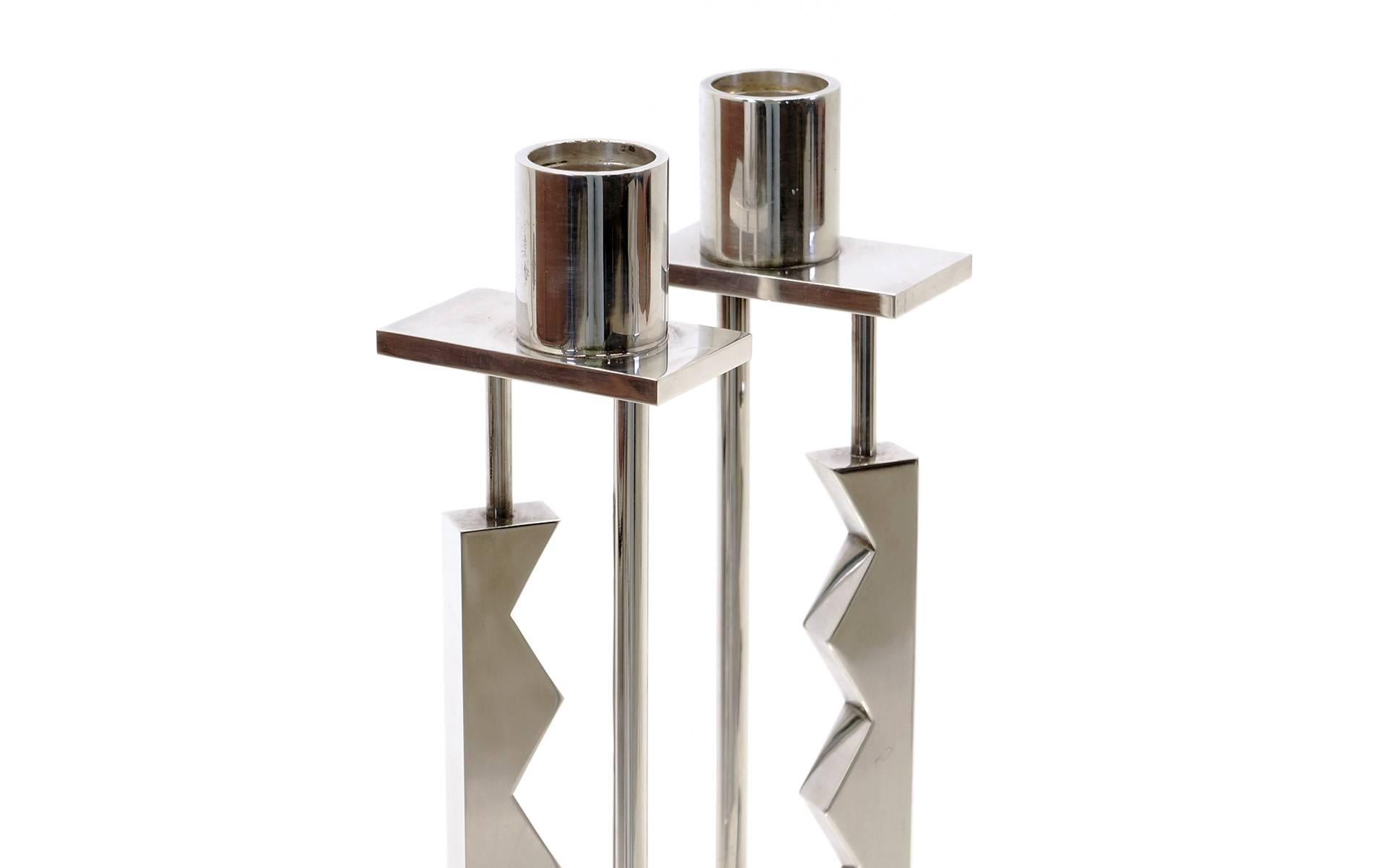 Post-Modern Pair of Ettore Sottsass Silver Candlesticks for Swid Powell and Reed and Barton For Sale