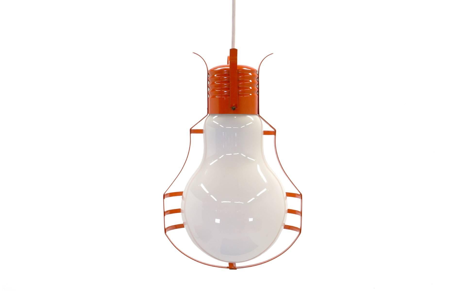 Mid-Century Modern Pair of Oversized Pop Art Mod Light Bulb Table or Hanging Lamps, Orange Frames For Sale