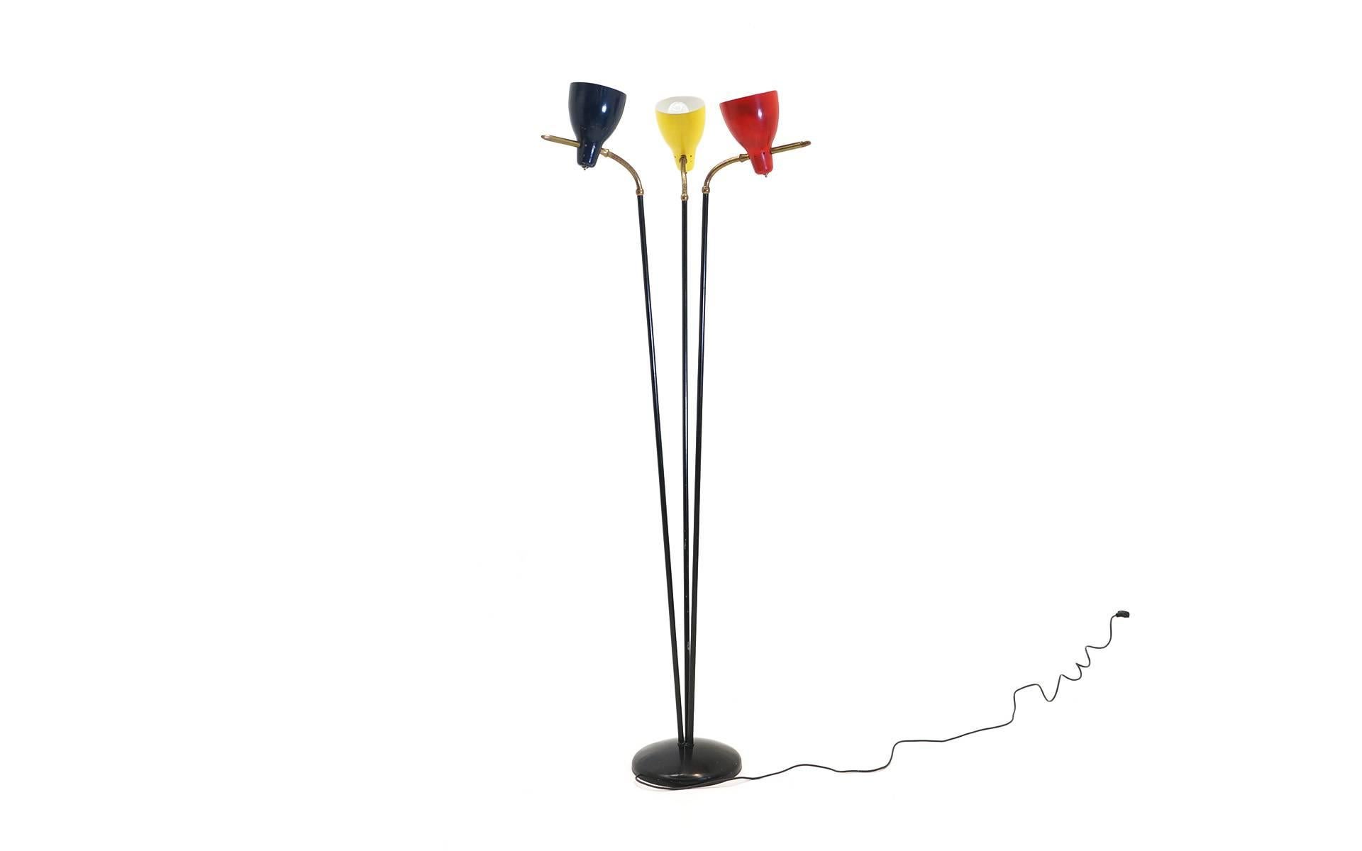 Striking Italian three shade floor lamp. Red, yellow, and black shades.