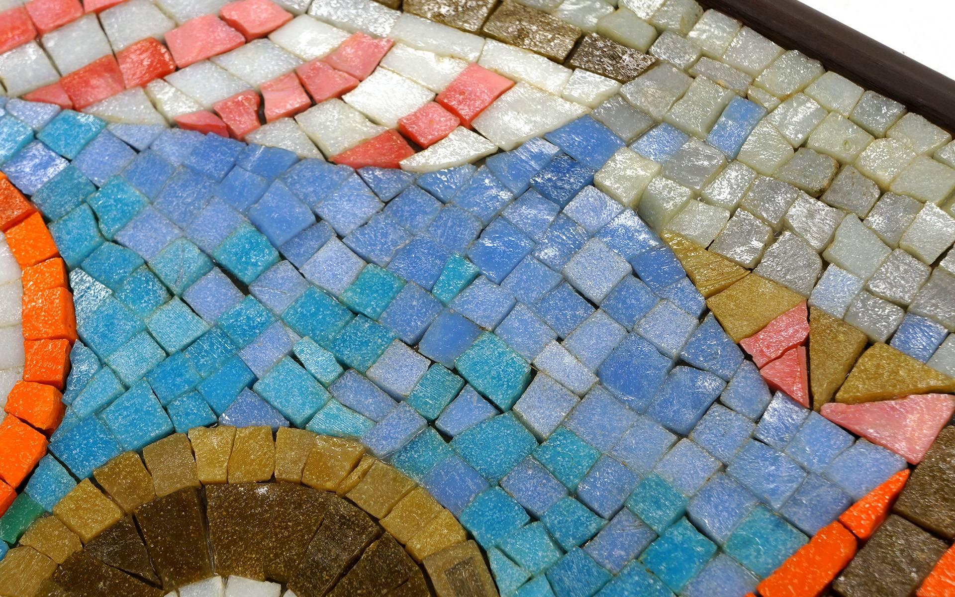 American Rare Evelyn Ackerman Mosaic Tile Wall Hanging, Grecian Long Boat Scene