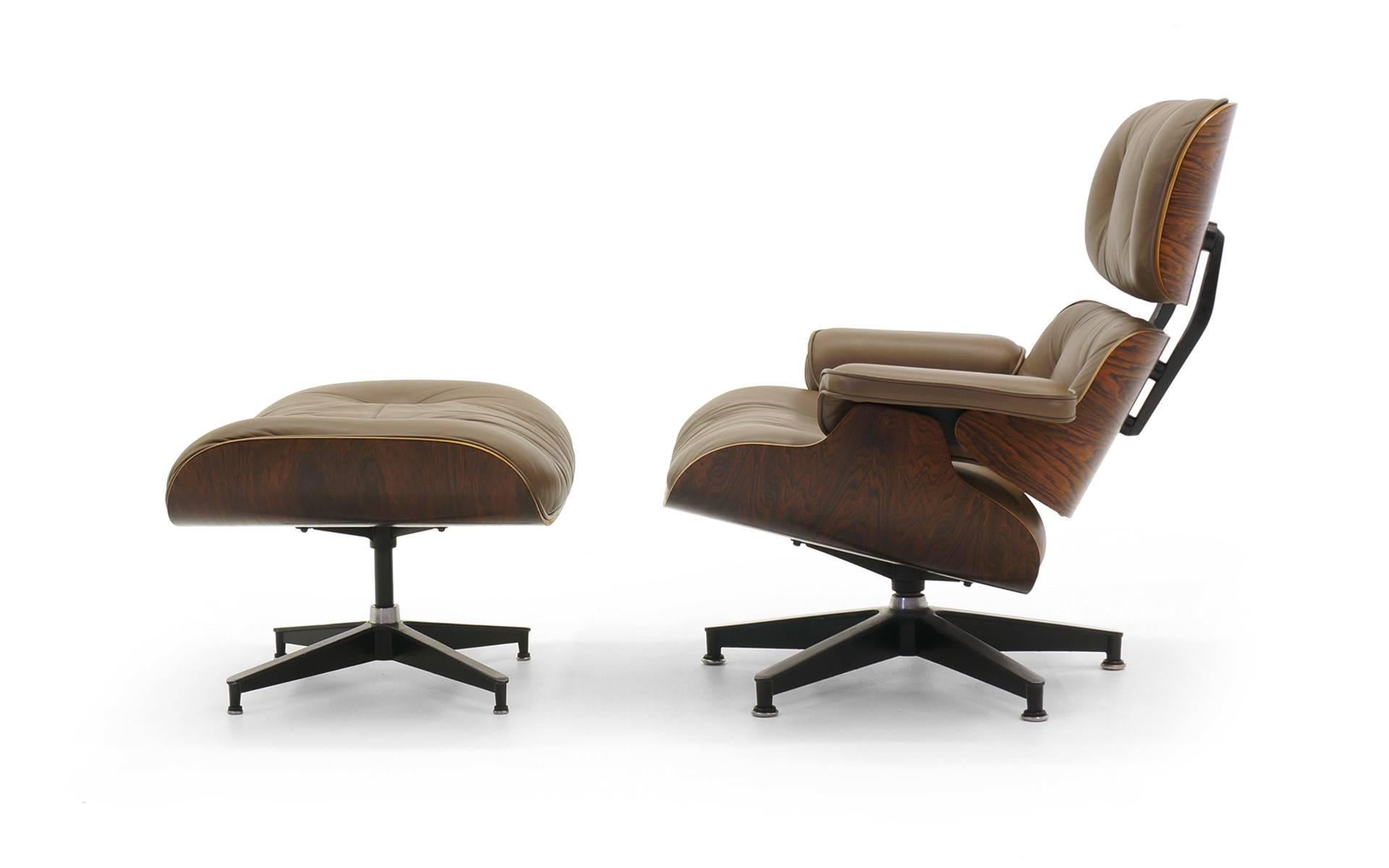 1970s custom ordered khaki leather lounge chair and ottoman designed by Charles and Ray Eames for Herman Miller. This is one of the best we have seen. Never before have we seen this riginal custom color leather and it is in extremely good condition.