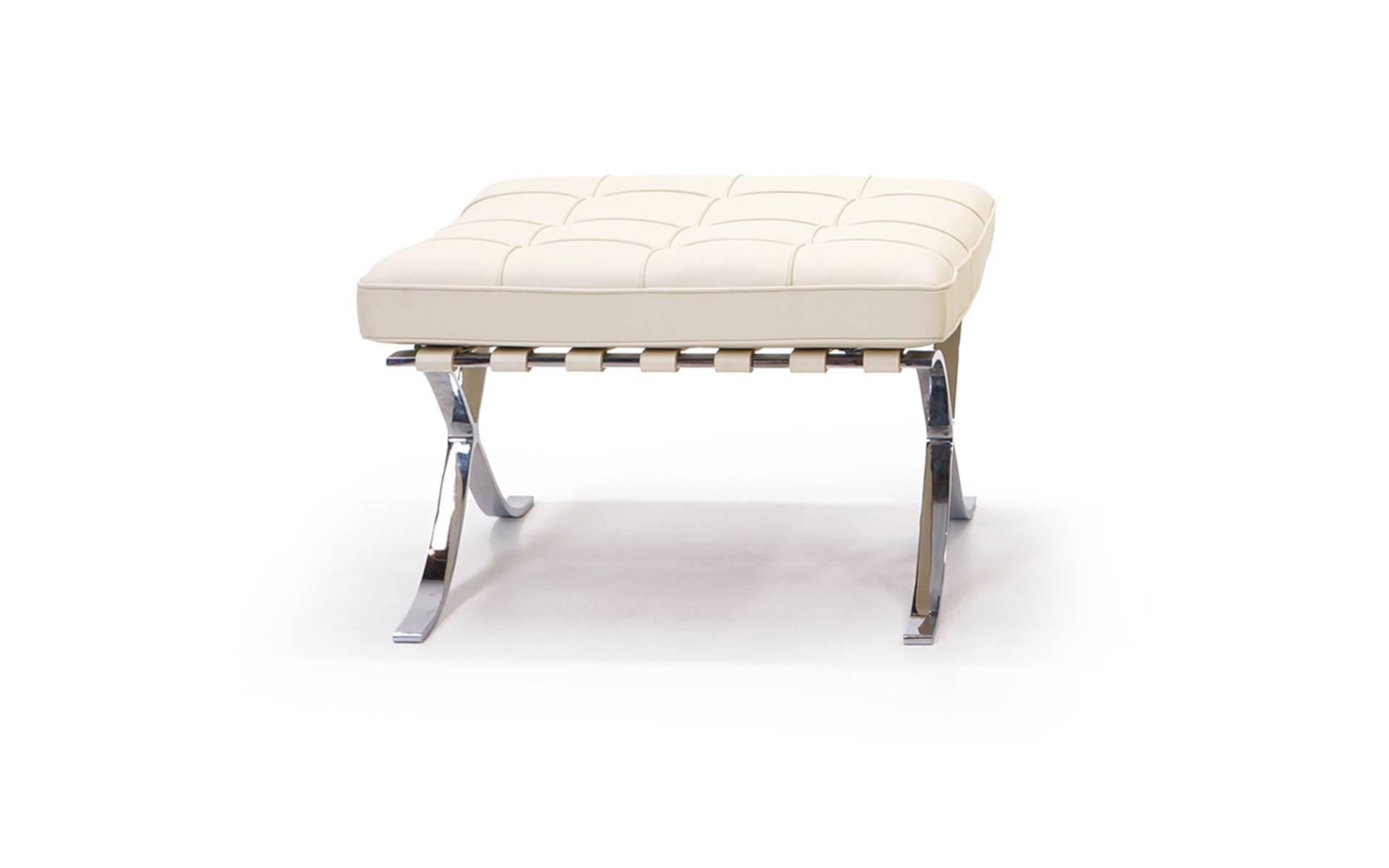 Authentic, signed, chromed steel frame Barcelona ottoman in beautiful ivory white leather. Recent production. Like new condition.