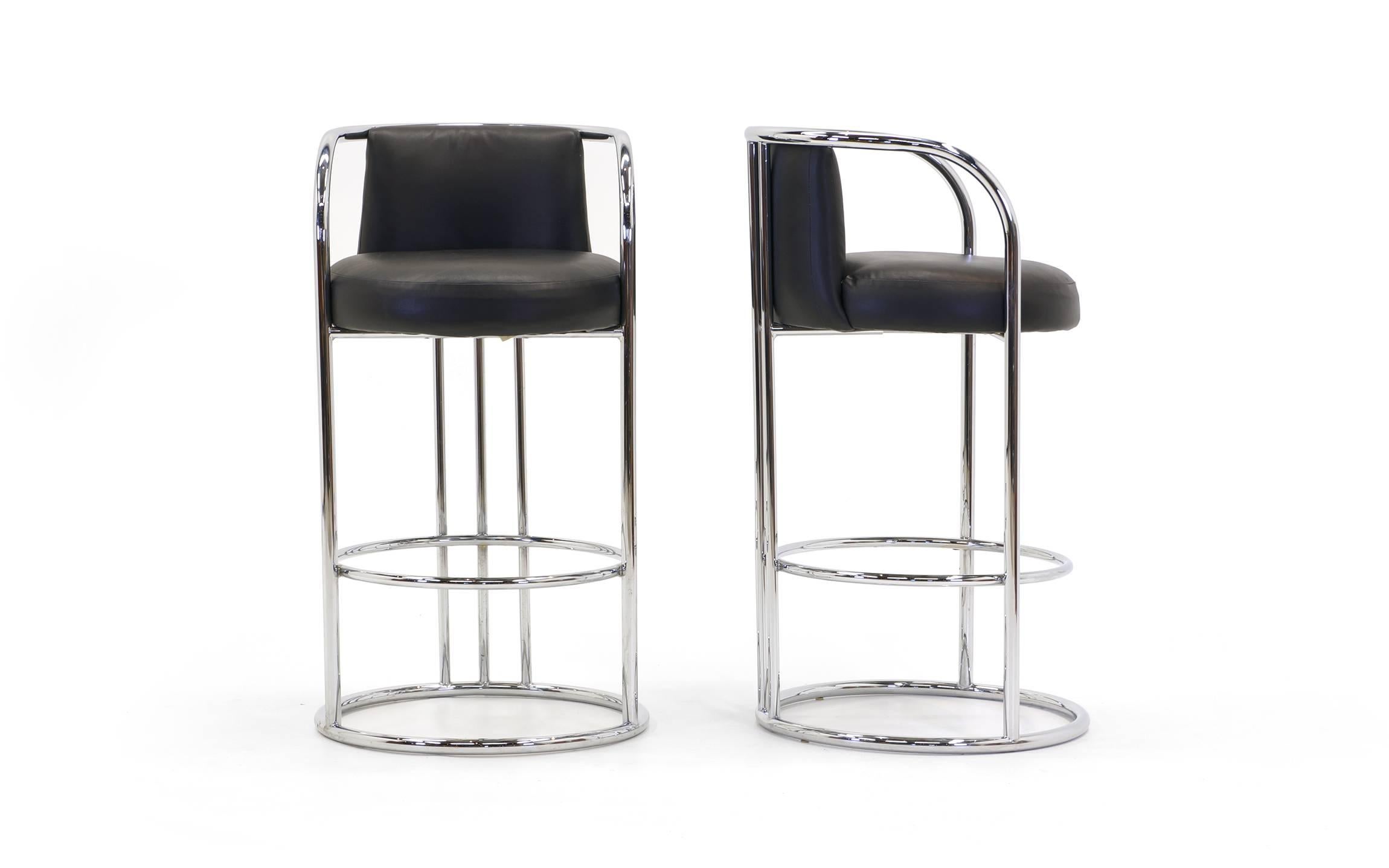 Milo Baughman for Thayer Coggin Chrome and Black Bar Stools, Five Total, Signed In Excellent Condition In Kansas City, MO