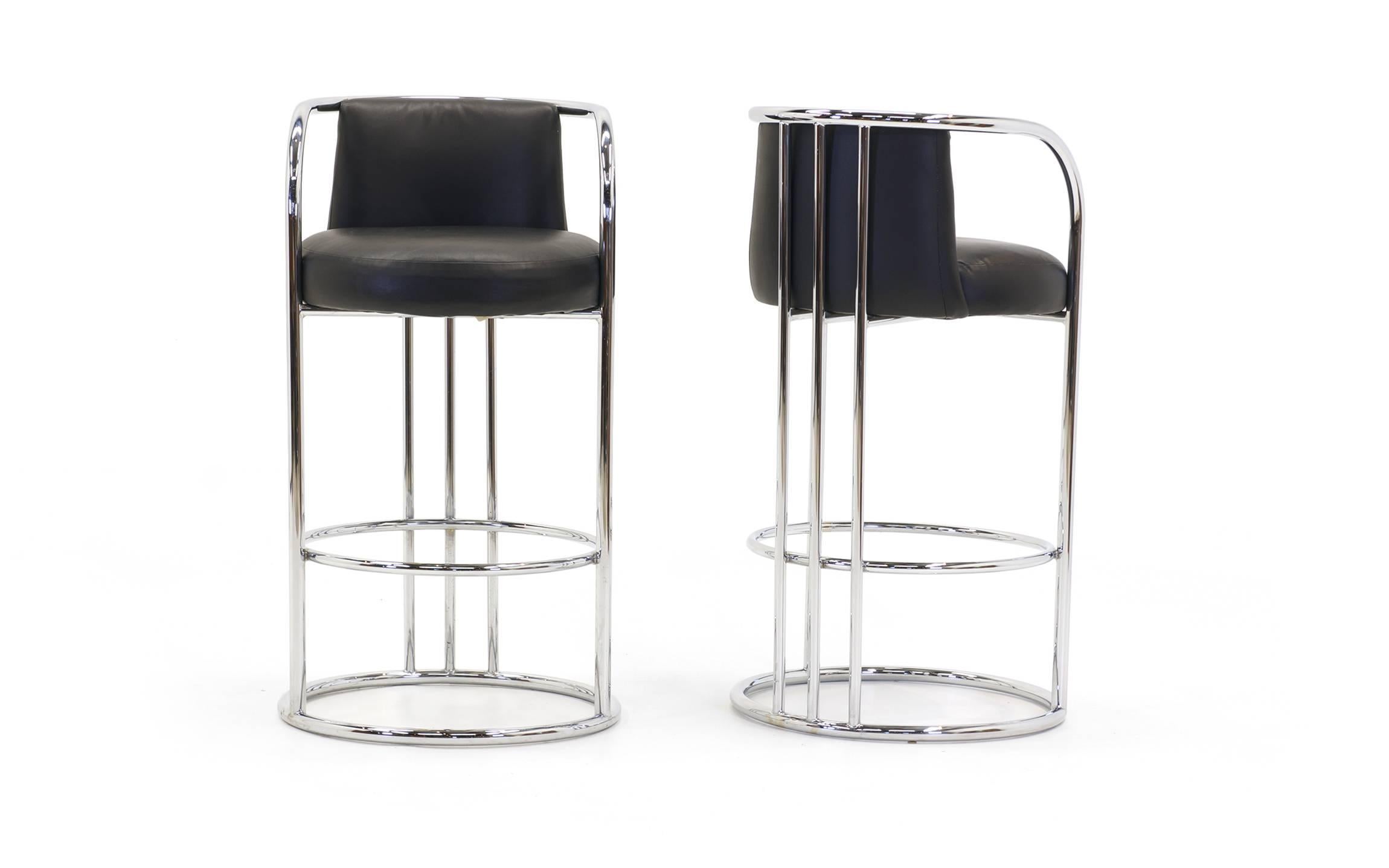 Late 20th Century Milo Baughman for Thayer Coggin Chrome and Black Bar Stools, Five Total, Signed