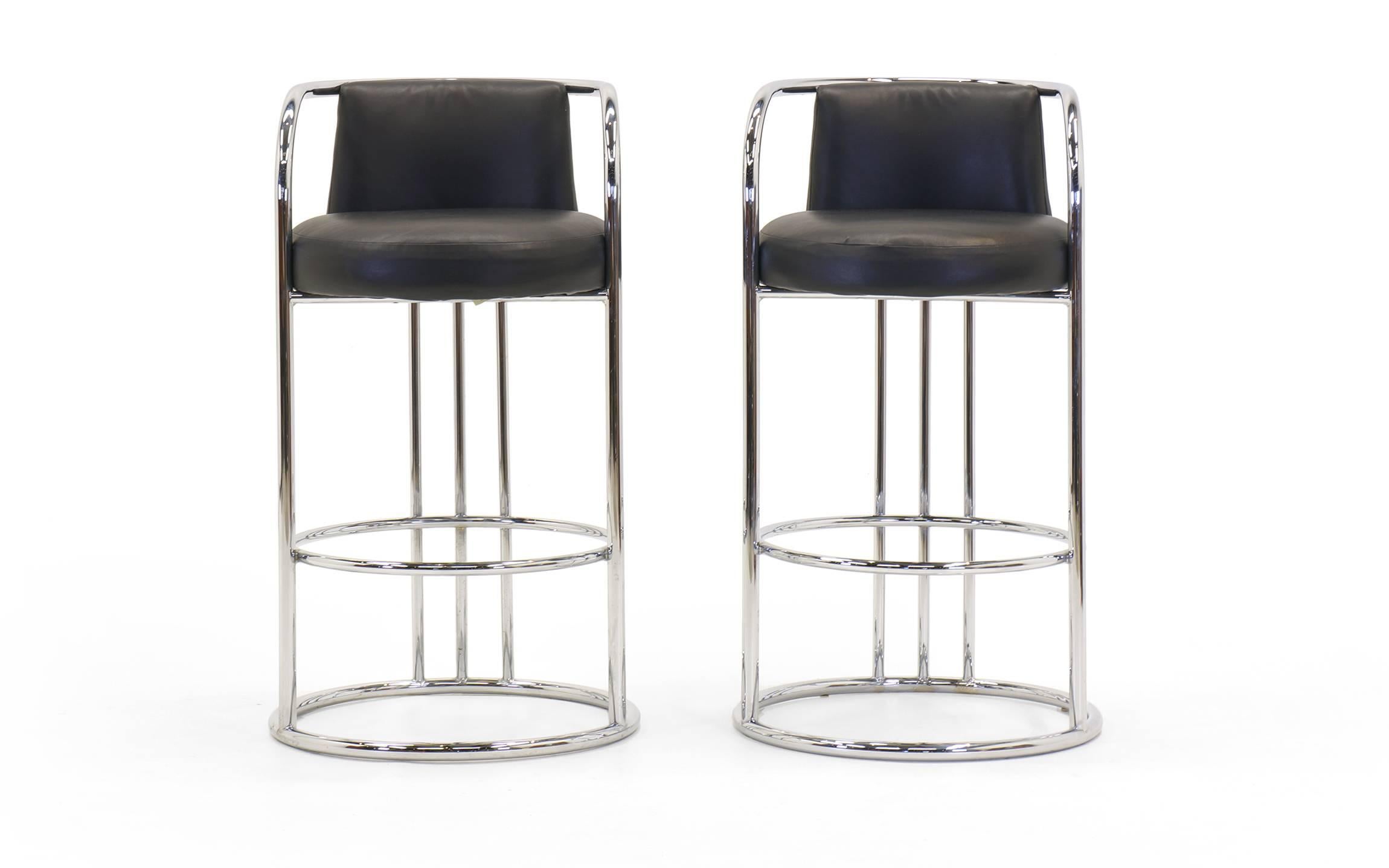Mid-Century Modern Milo Baughman for Thayer Coggin Chrome and Black Bar Stools, Five Total, Signed
