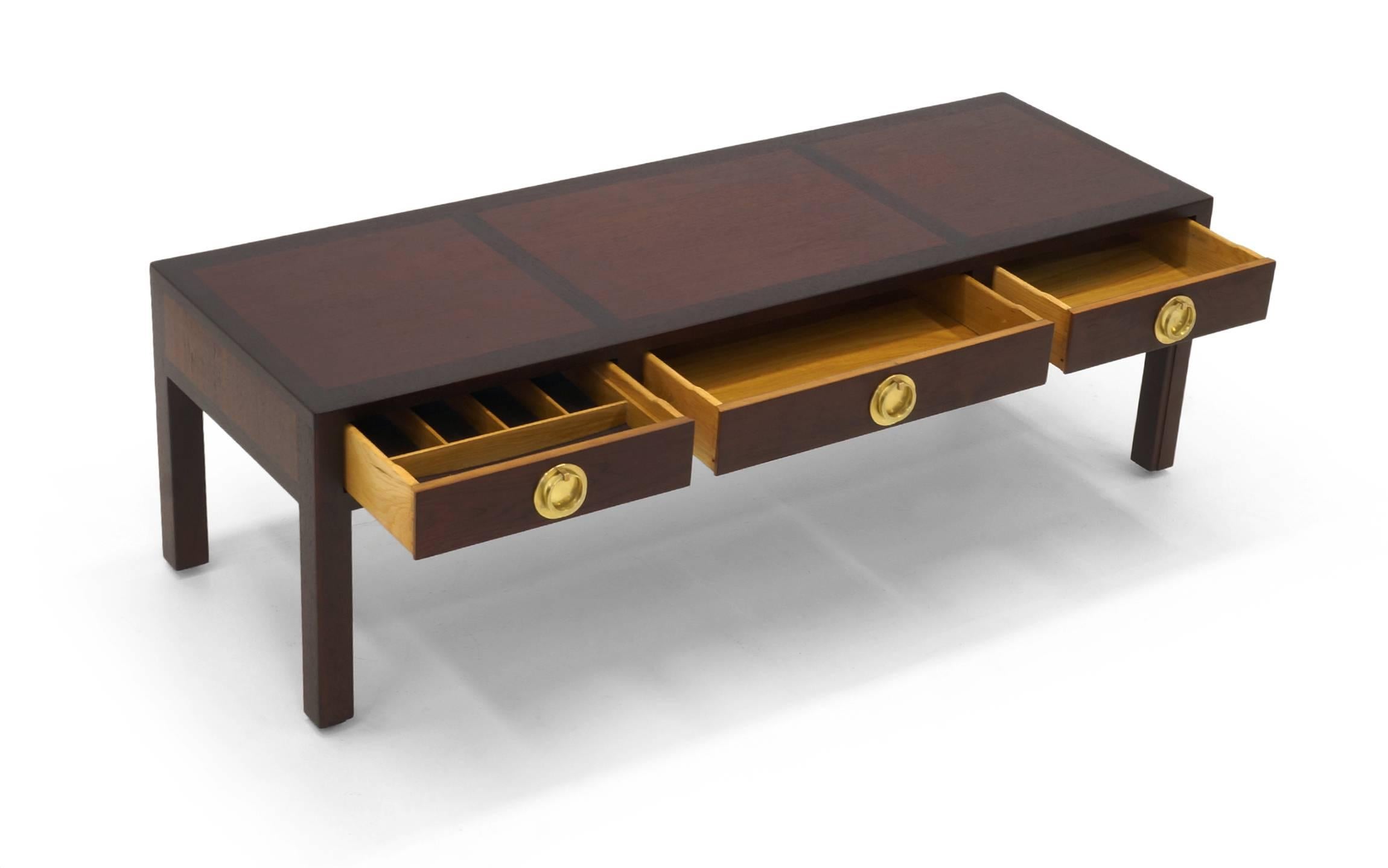 Mid-Century Modern Edward Wormley for Dunbar Two Tone Mahogany and Brass Coffee Table with Drawers