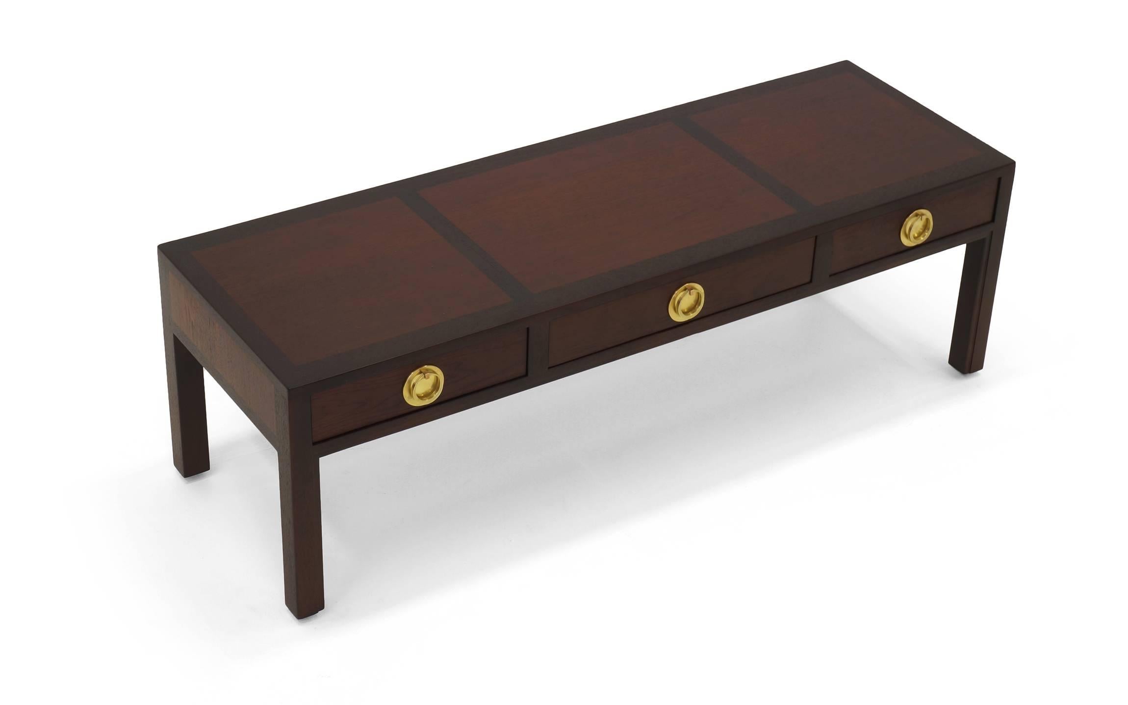 Edward Wormley for Dunbar Two Tone Mahogany and Brass Coffee Table with Drawers In Excellent Condition In Kansas City, MO