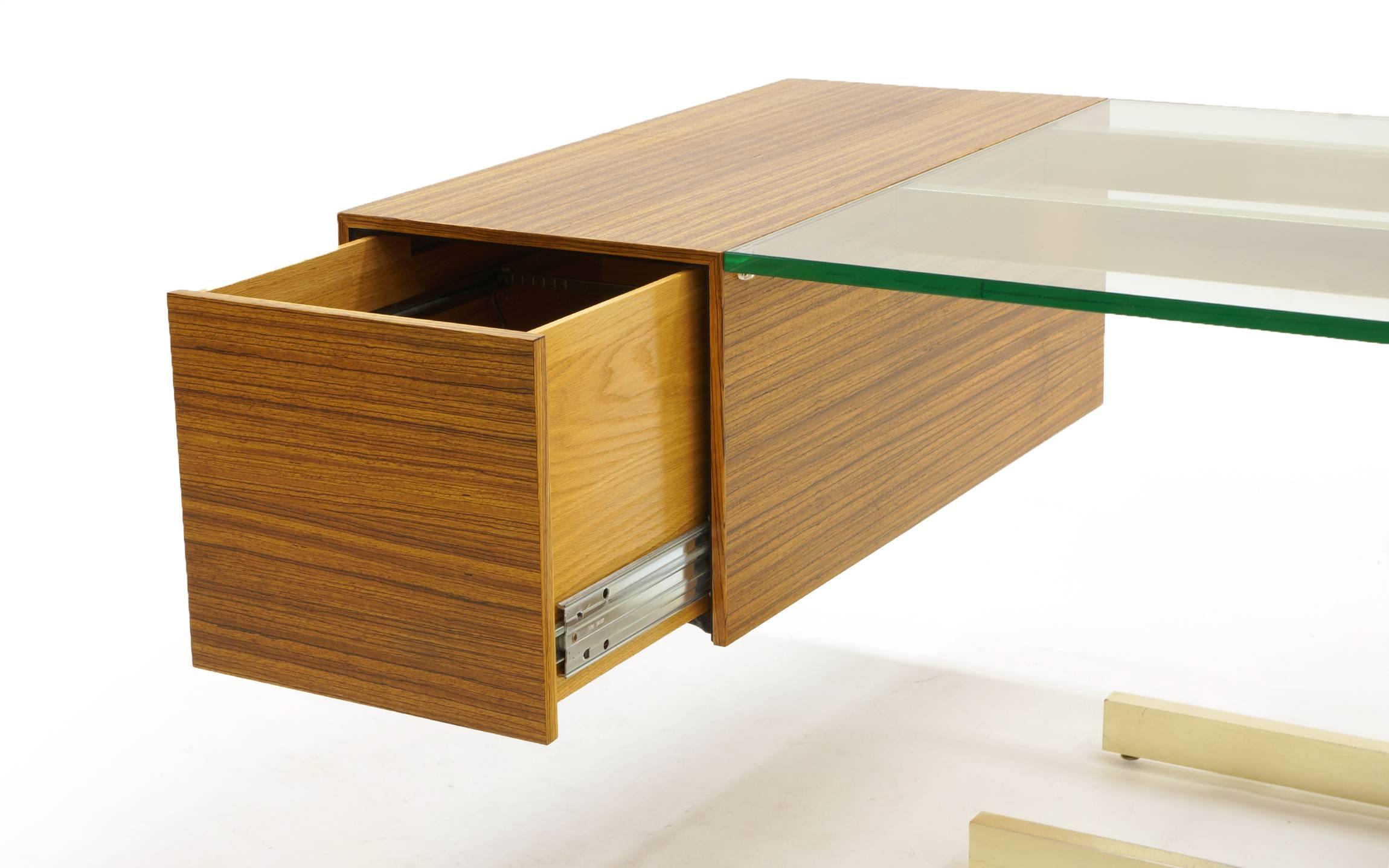 Mid-20th Century Vladimir Kagan Desk, Glass Top, Zebrawood, Brass colored Anodized Aluminium 