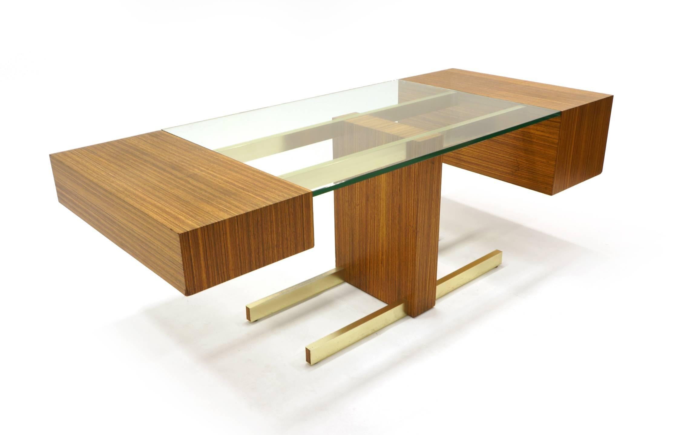 Mid-Century Modern Vladimir Kagan Desk, Glass Top, Zebrawood, Brass colored Anodized Aluminium 