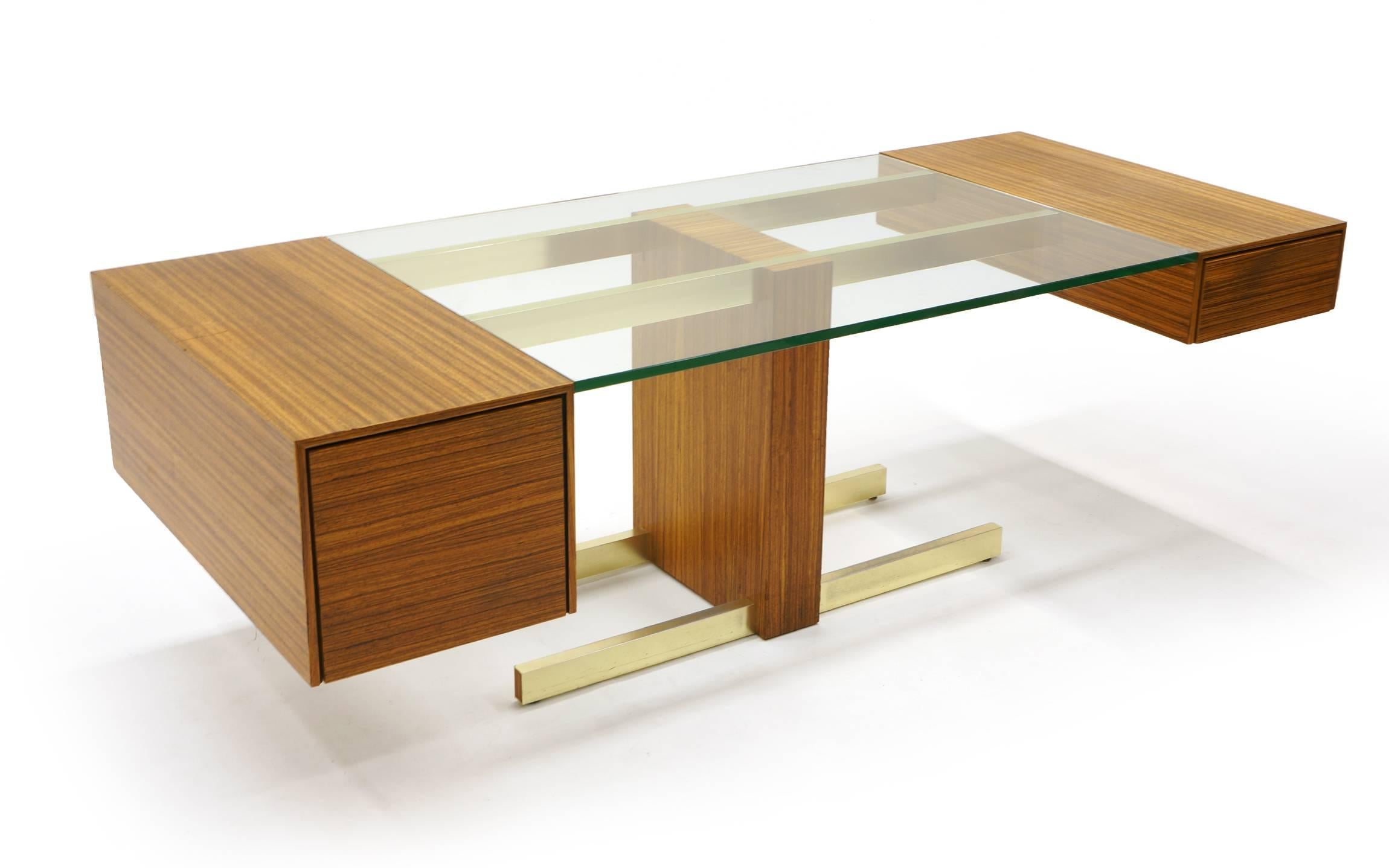 Vladimir Kagan executive conference desk for Kagan Designs, Inc. Zebrawood, anodized aluminium, and glass with two drawers.