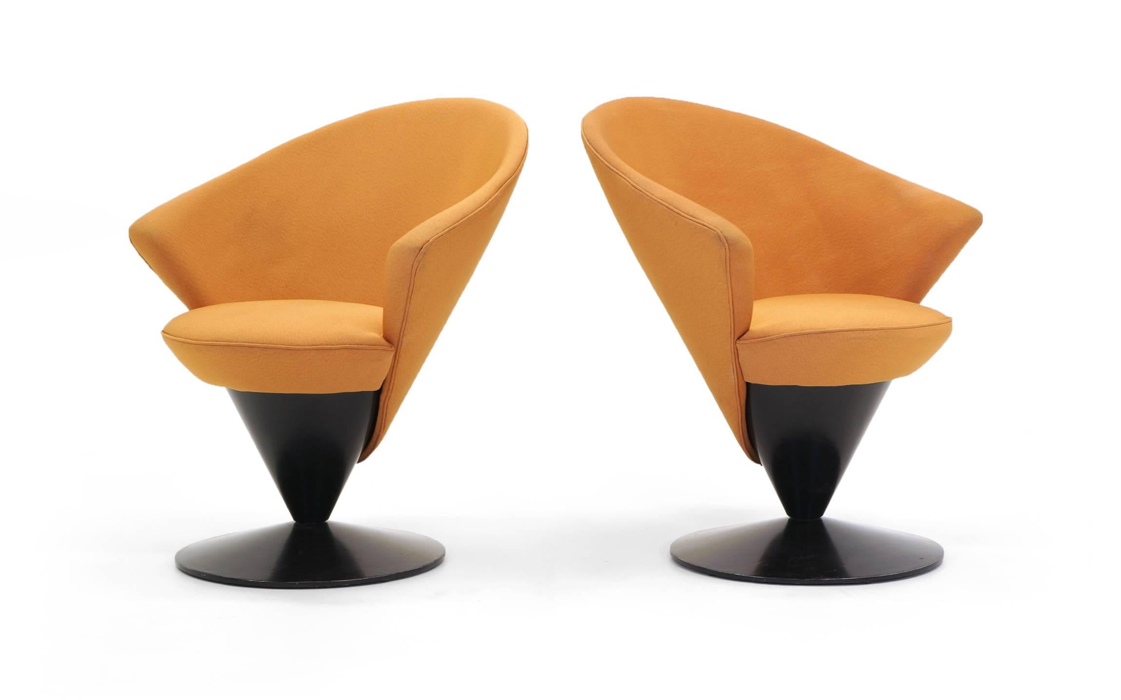 Pair of Adrian Pearsall for Craft Associates swivel cone chairs. Signed with Craft Associates label to the base of one chair. Reupholstered several years ago. Very few signs of use.