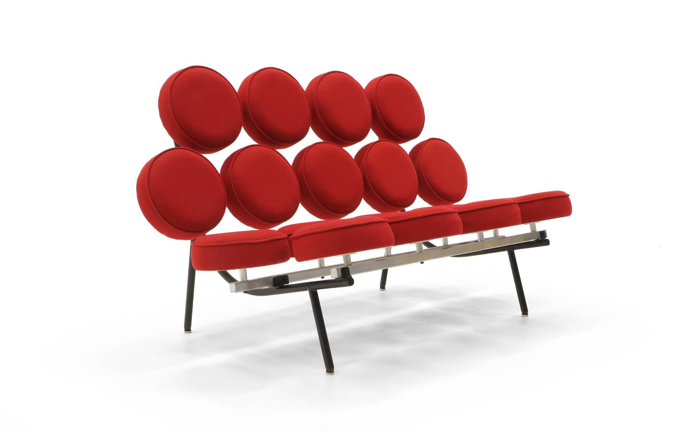 Red fabric Marshmallow sofa settee designed by Irving Harper for the George Nelson office. Excellent authorized production from Herman Miller made in the 2000s.