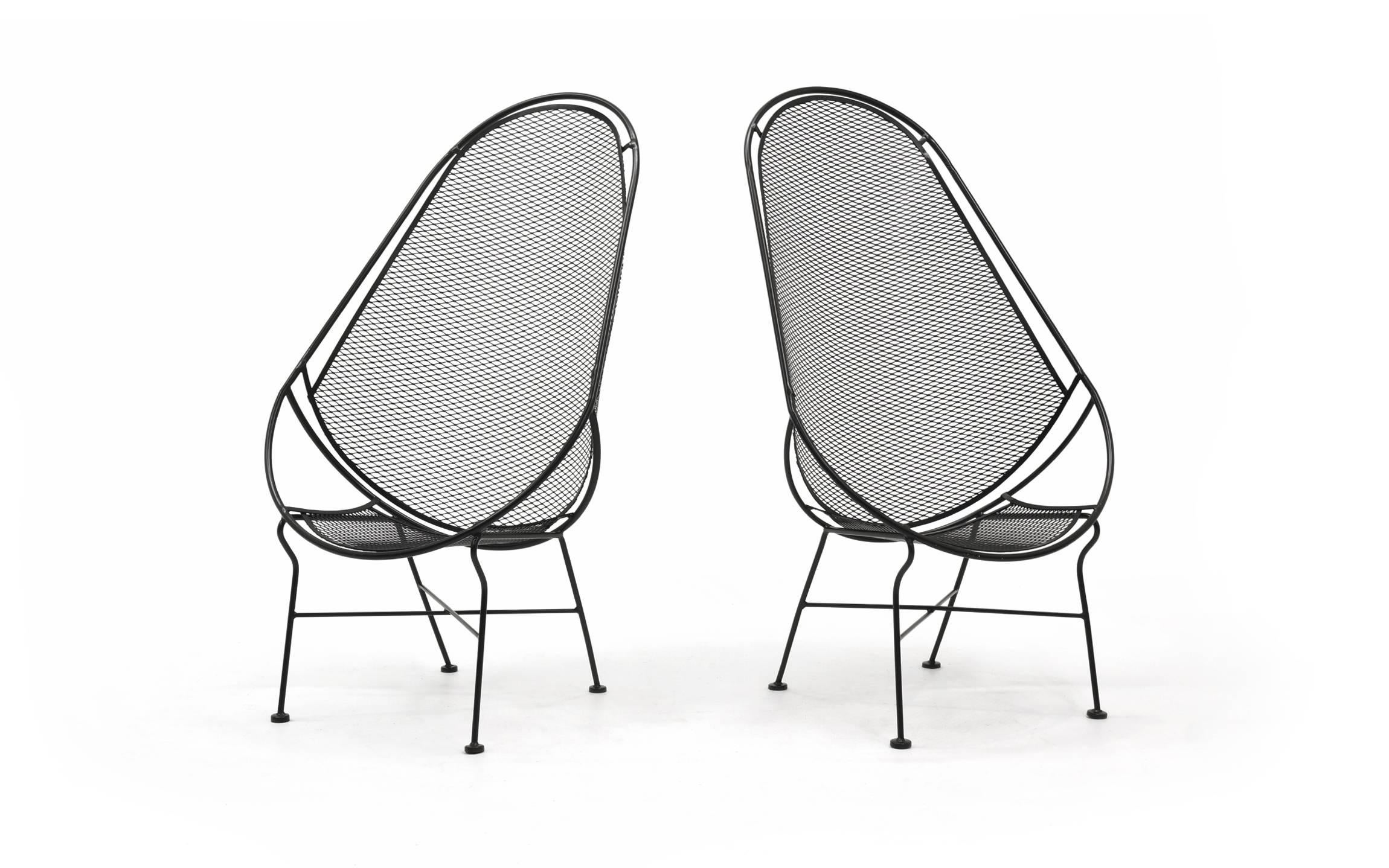 Expertly restored pair of John Salterini chairs. Very rare version of the high back design. Very comfortable as well. Expertly restored and powder coated in smooth satin black finish. Designed for outdoor, pool, patio use, these can work great