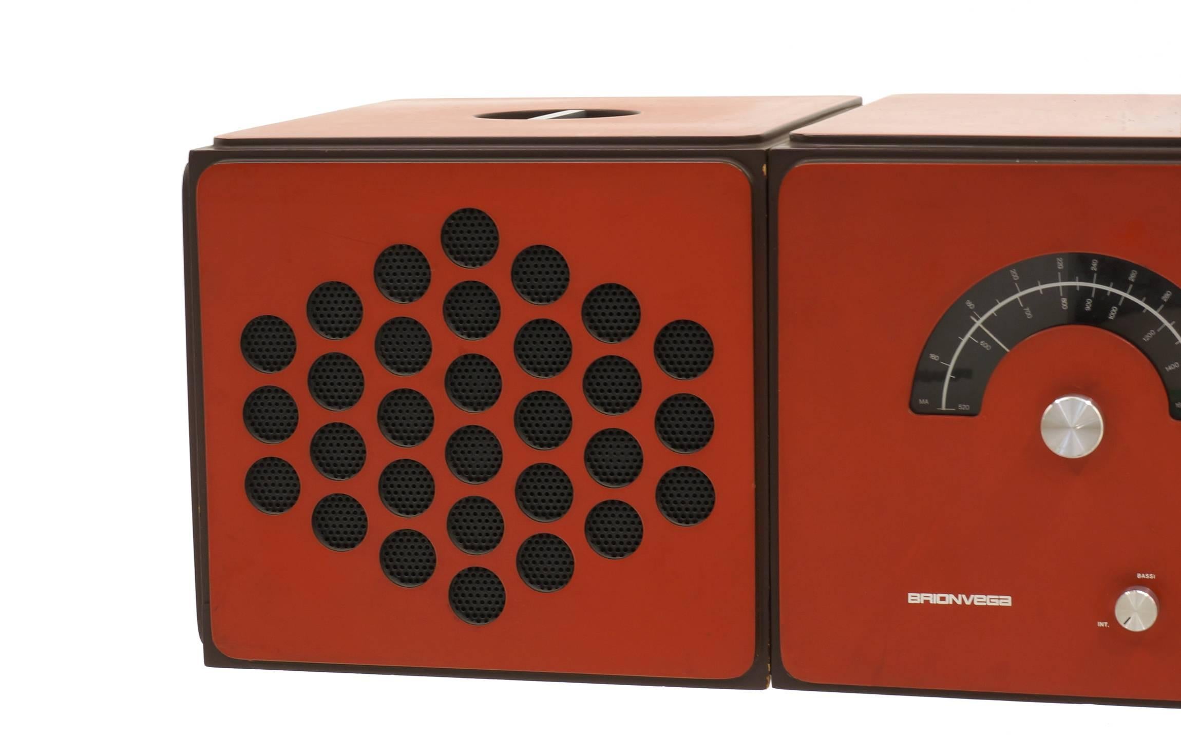Italian 1965 Vintage Brionverga RR126 Rare Brick Red Am Fm Stereo Radio and Turntable