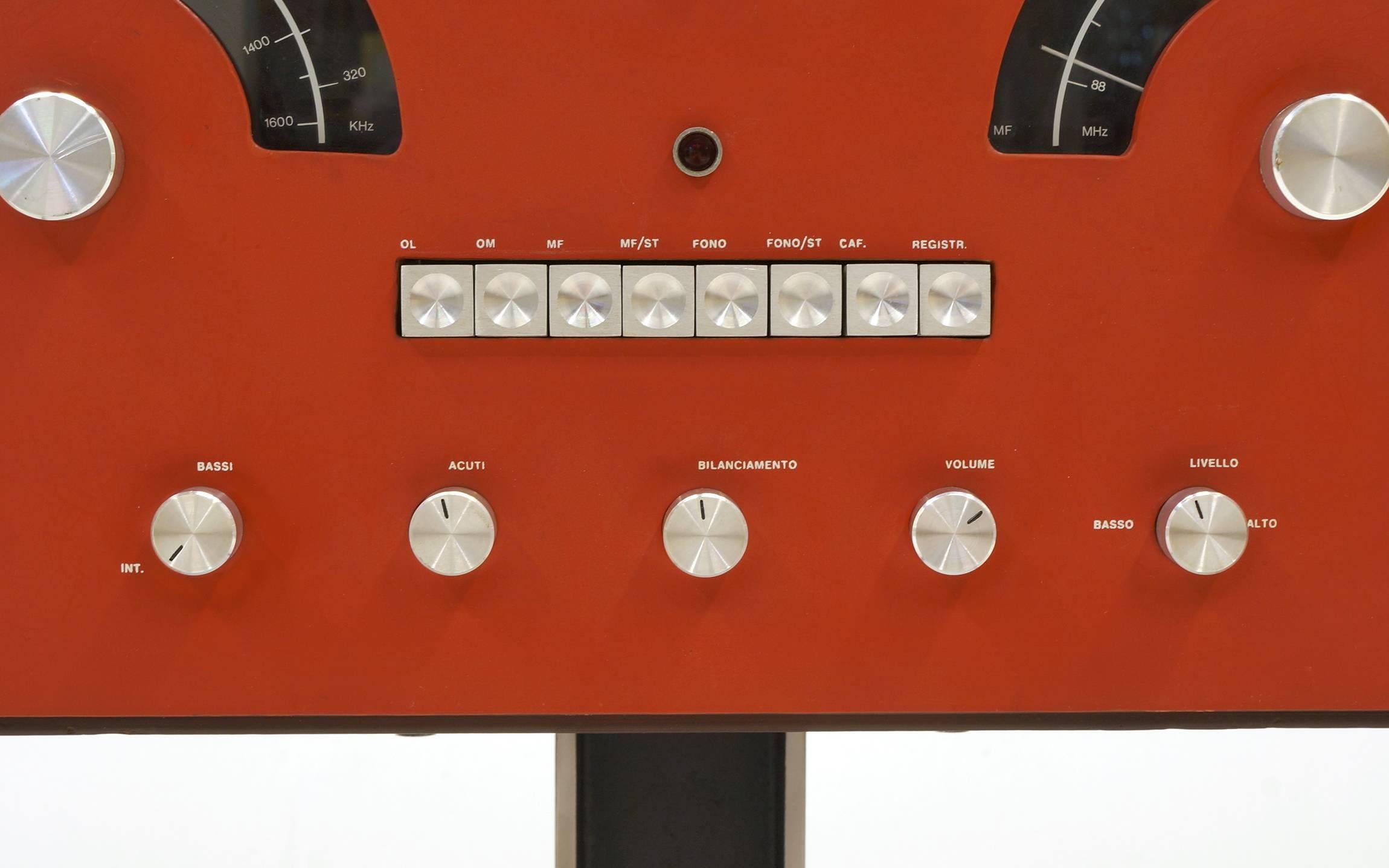 Mid-20th Century 1965 Vintage Brionverga RR126 Rare Brick Red Am Fm Stereo Radio and Turntable